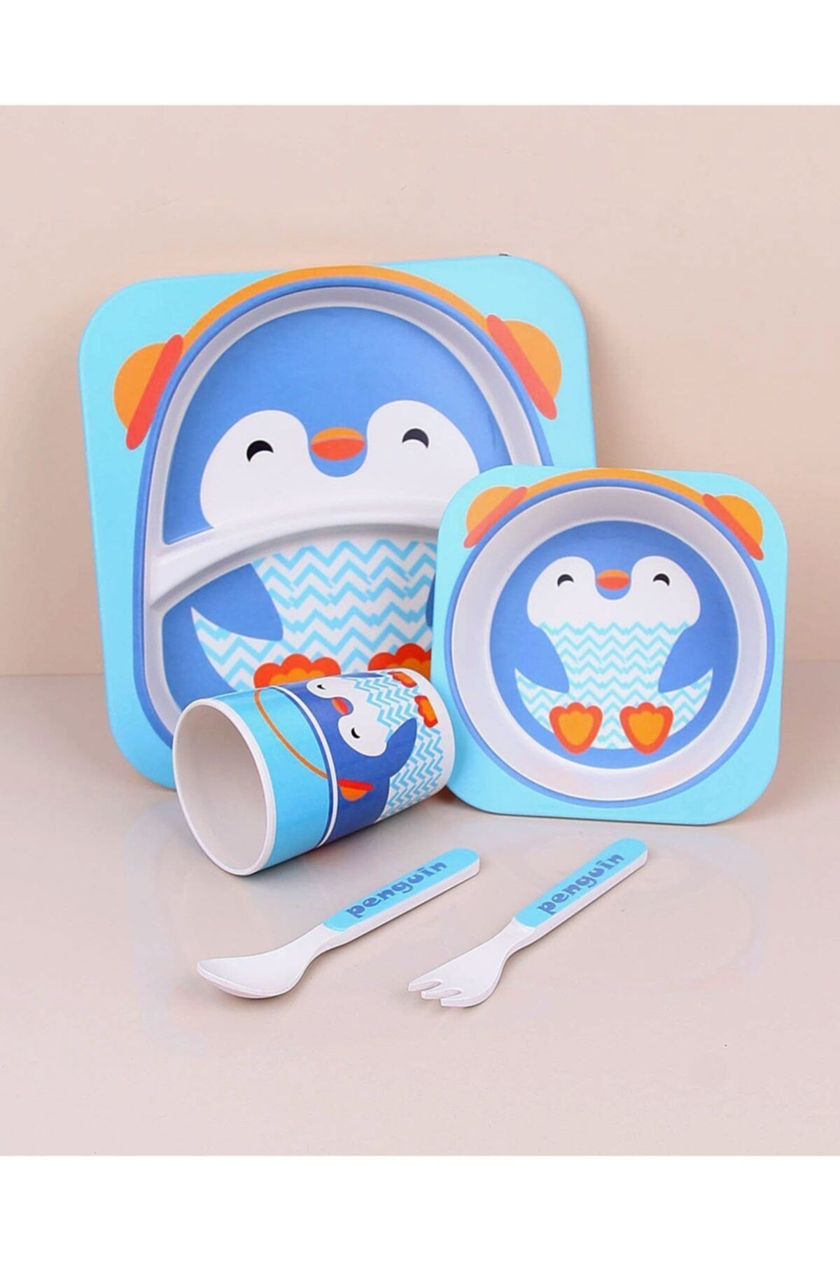 AYBOSS Bambu Fiber Tabldot Çocuk Yemek Tabldot Set 5 Parça - Bölmeli Bardak Çatal Kaşıklı-
