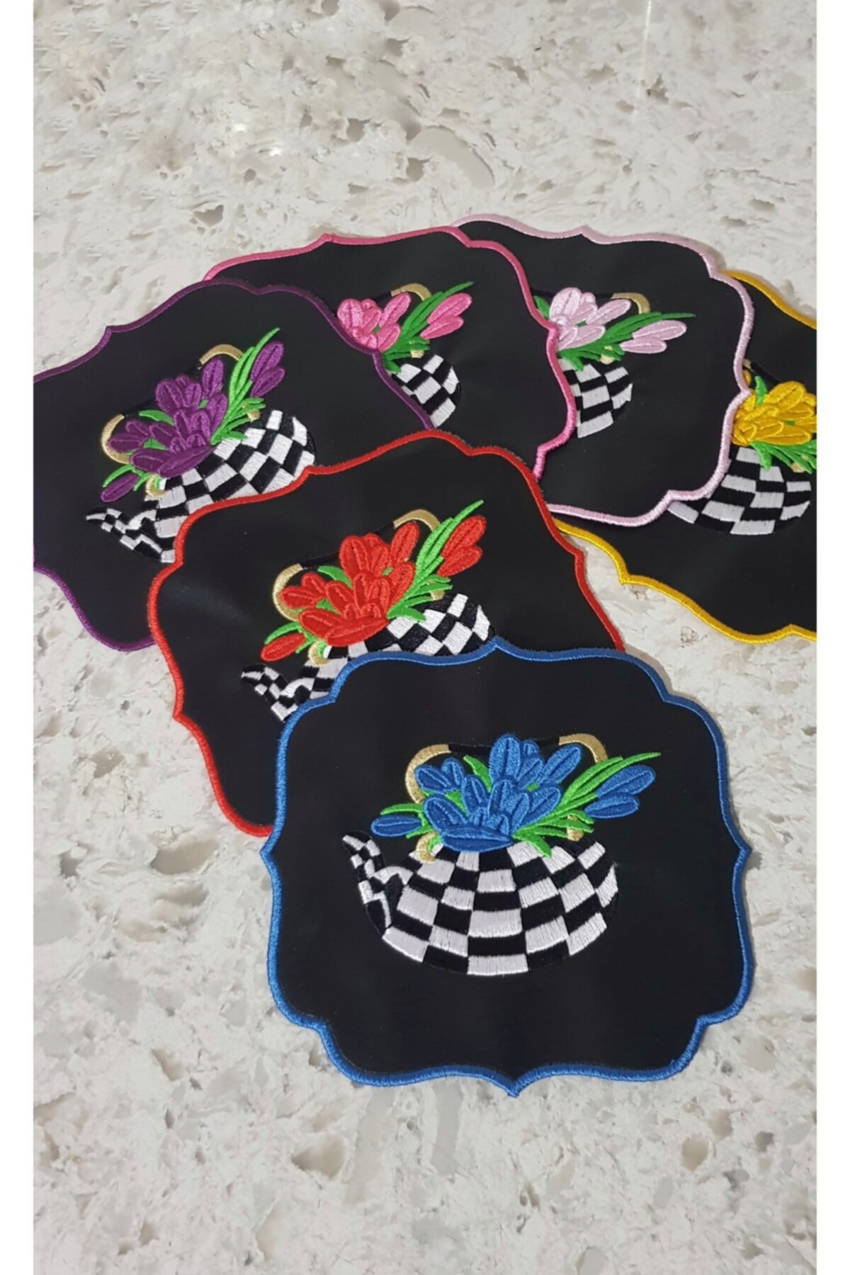 DİLAHOME 6 Lı Siyah Deri Renkli Damalı Çaydanlık Model Kokteyl Sunum Peçetesi