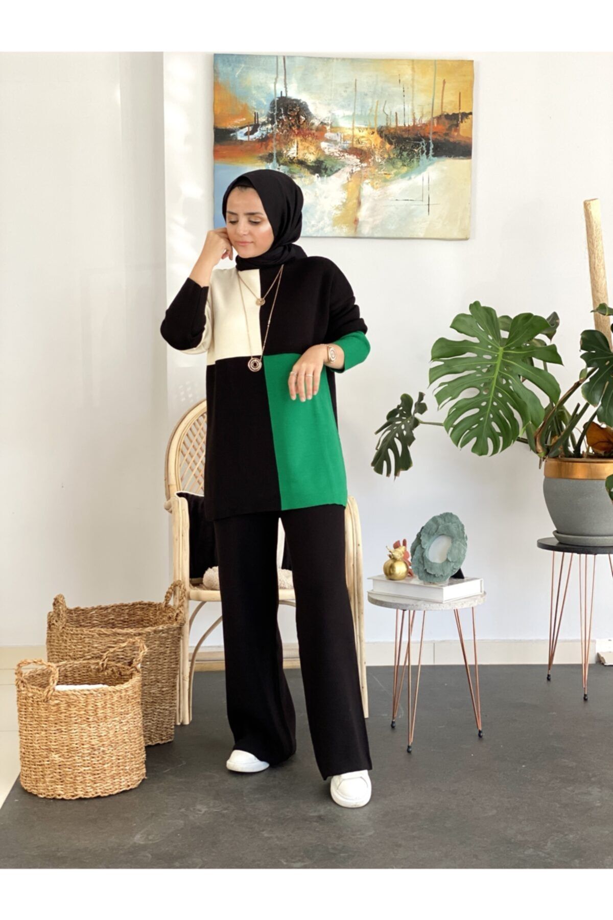 ASEL FASHİON Triko Takım Dama Yeşil Siyah