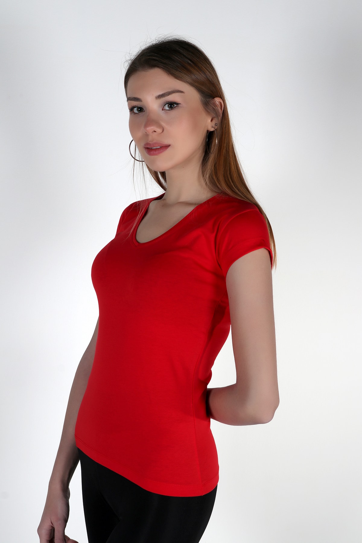 moda felinya Kadın Kırmızı Kısa Kollu V Yaka Body