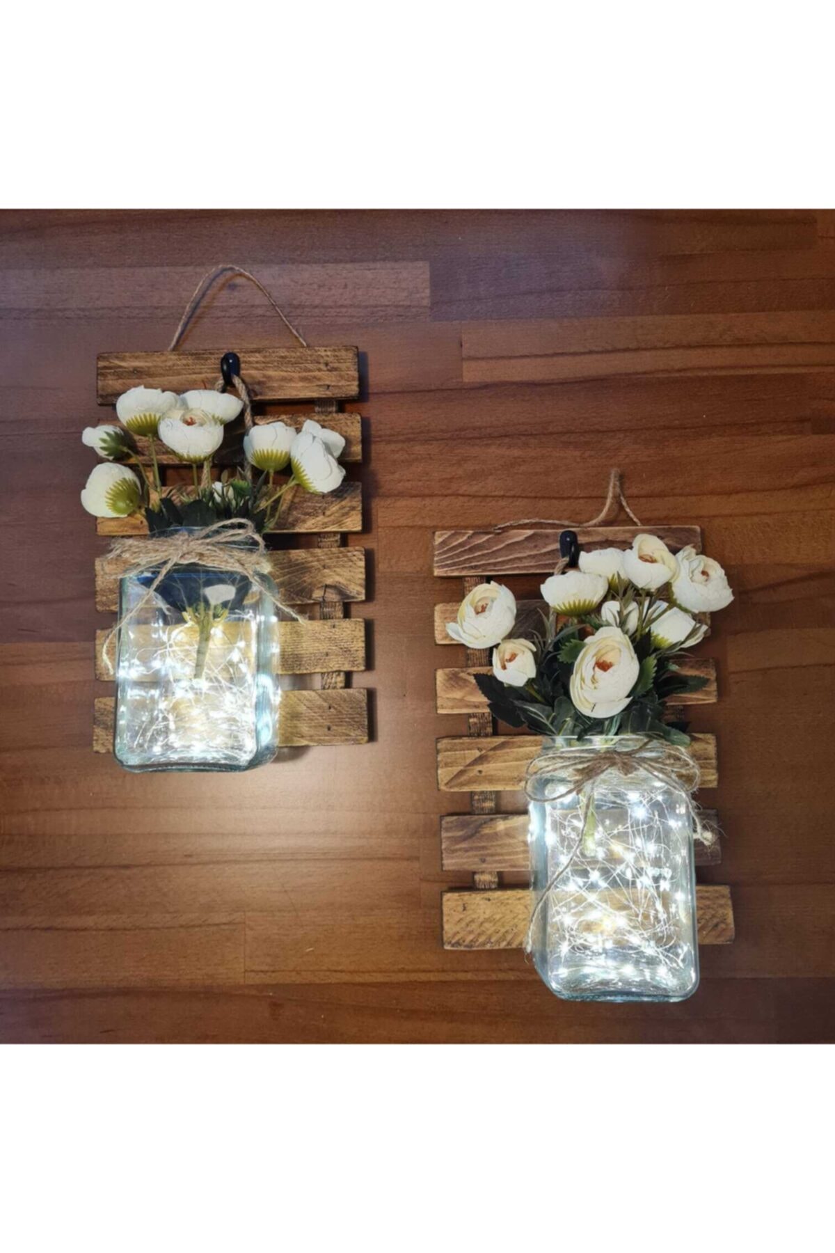Bella Vita Decoration Ahşap Dekoratif, Led Işıklı Beyaz Çiçekli Duvar Aksesuarı 2li Set