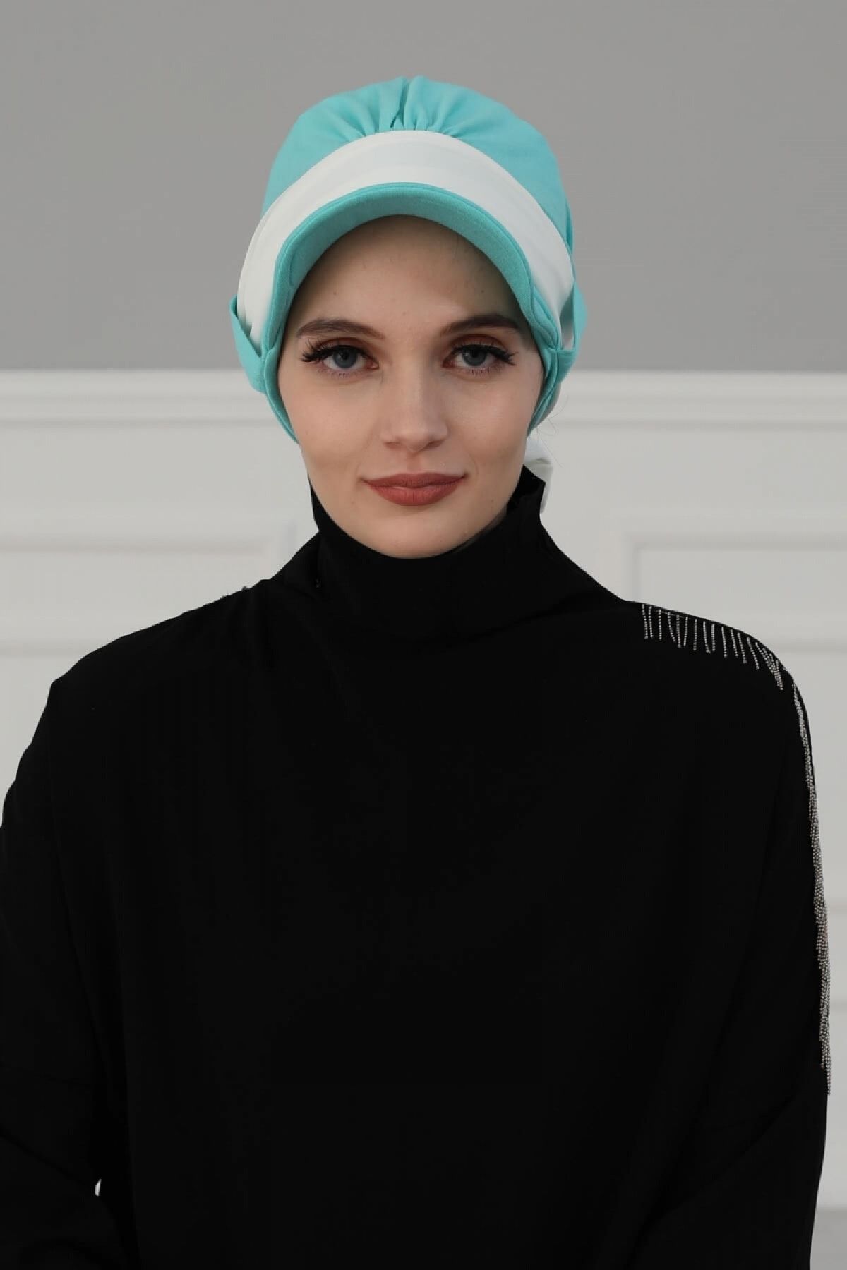 DREAM VEGA Şifon Kuşaklı Şapka Bone Turkuaz - Krem