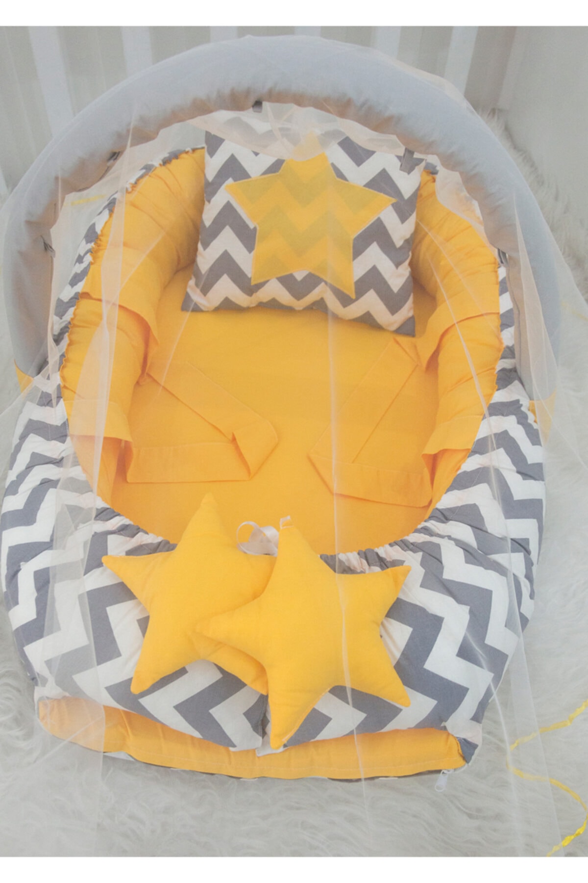 Babynest Modastra Gri Zigzag Ve Sarı Kombin Lüx Baby Nest Bebek Yuvası