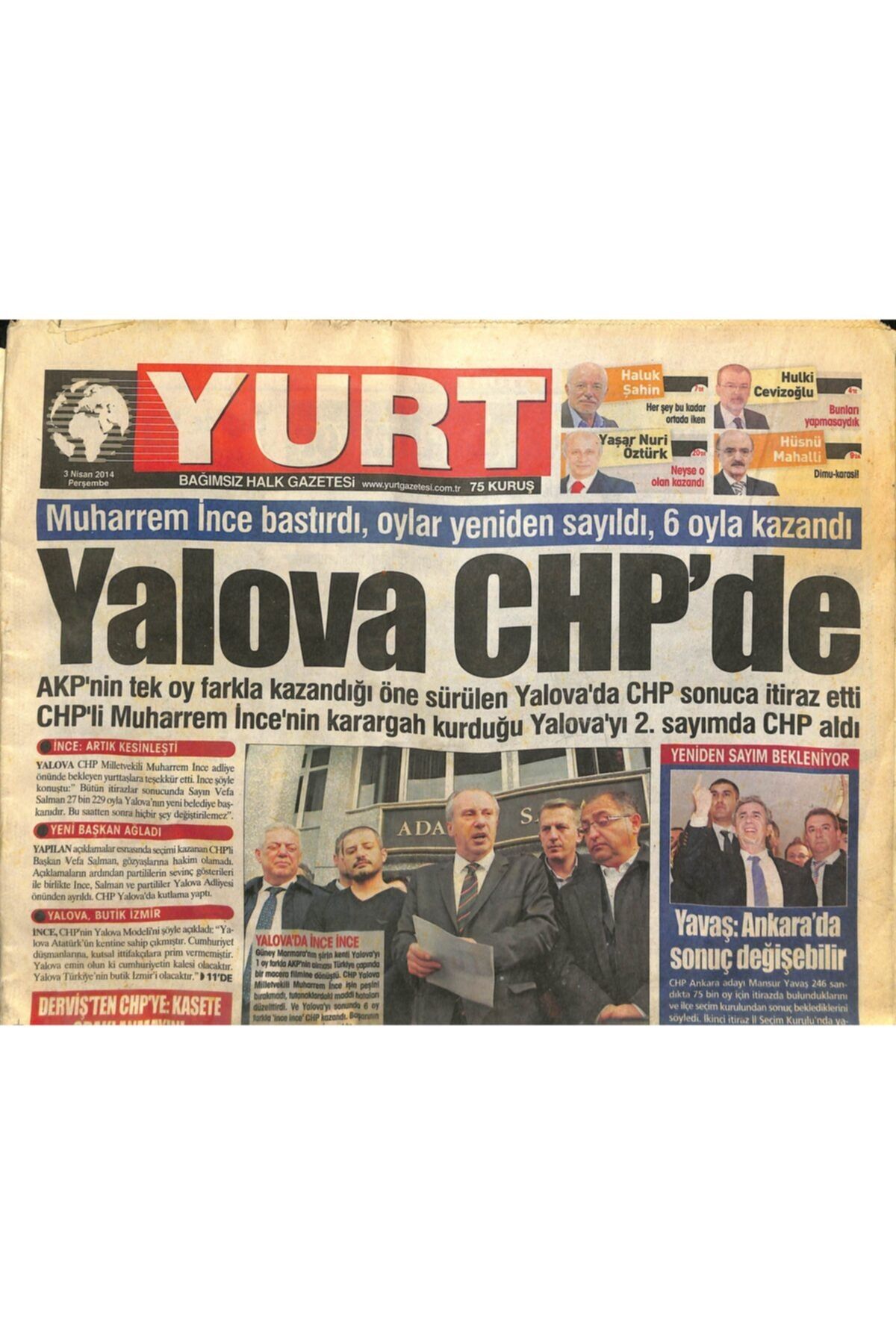 Gökçe Koleksiyon Yurt Gazetesi 3 Nisan 2014 Bilecik'te Akp İkiye Bölündü Suriye'de Kimyasal Alarm