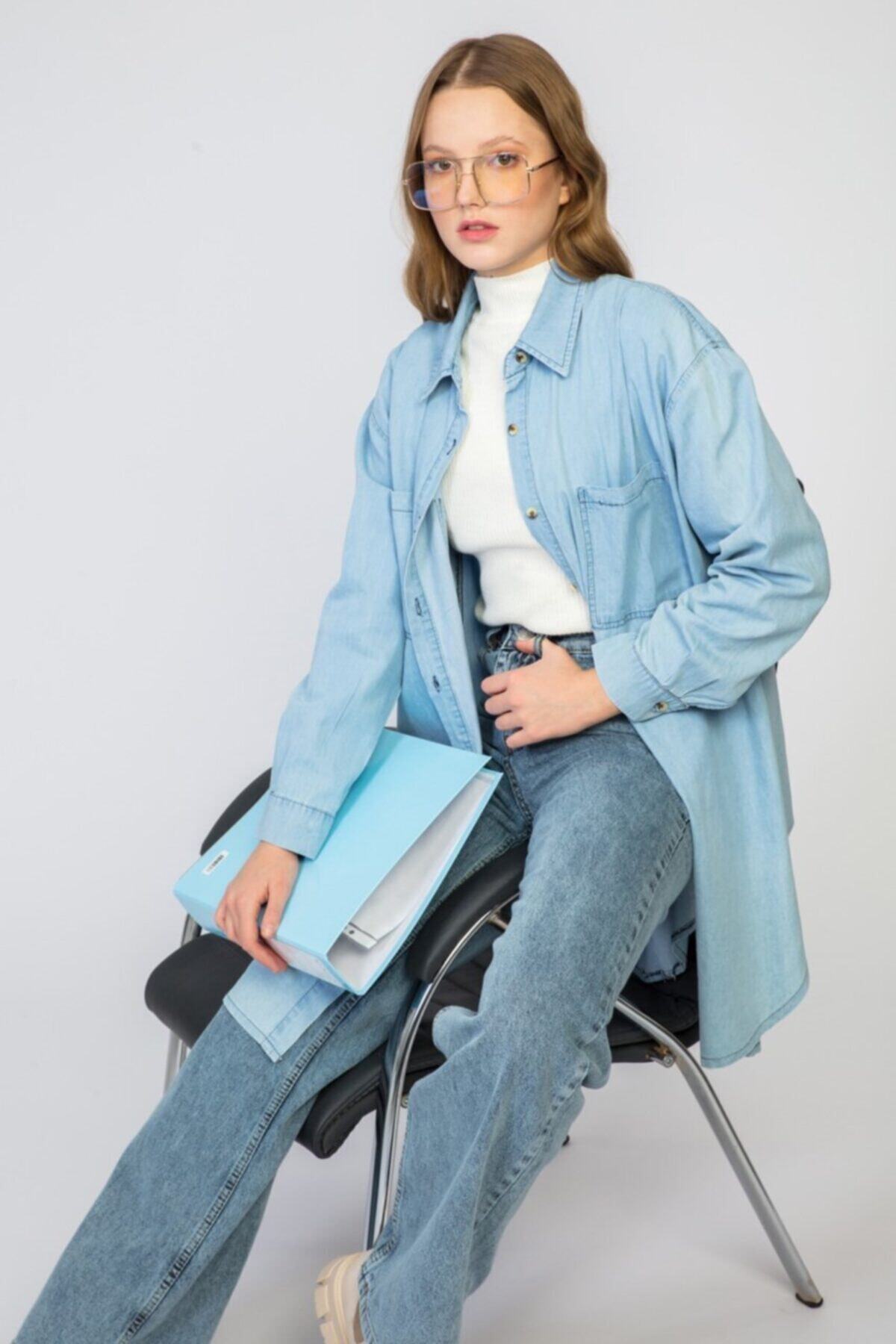 SİNDAL Oversize Cepli Gömlek 4-3248 - Açık Kot