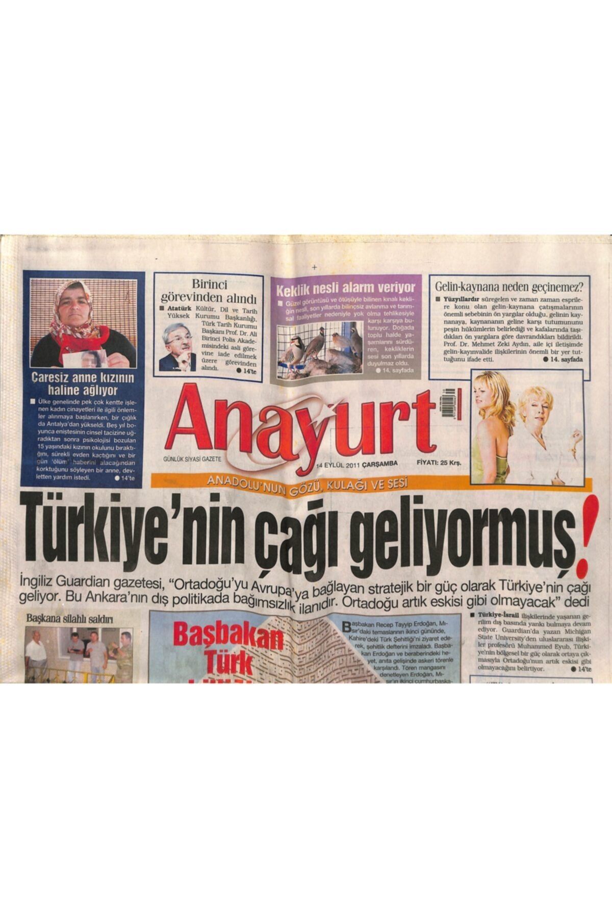 Gökçe Koleksiyon Anayurt Gazetesi 14 Eylül 2011 - Mersin'de Terör Operasyonu - Ali Birinci Görevinden Alındı