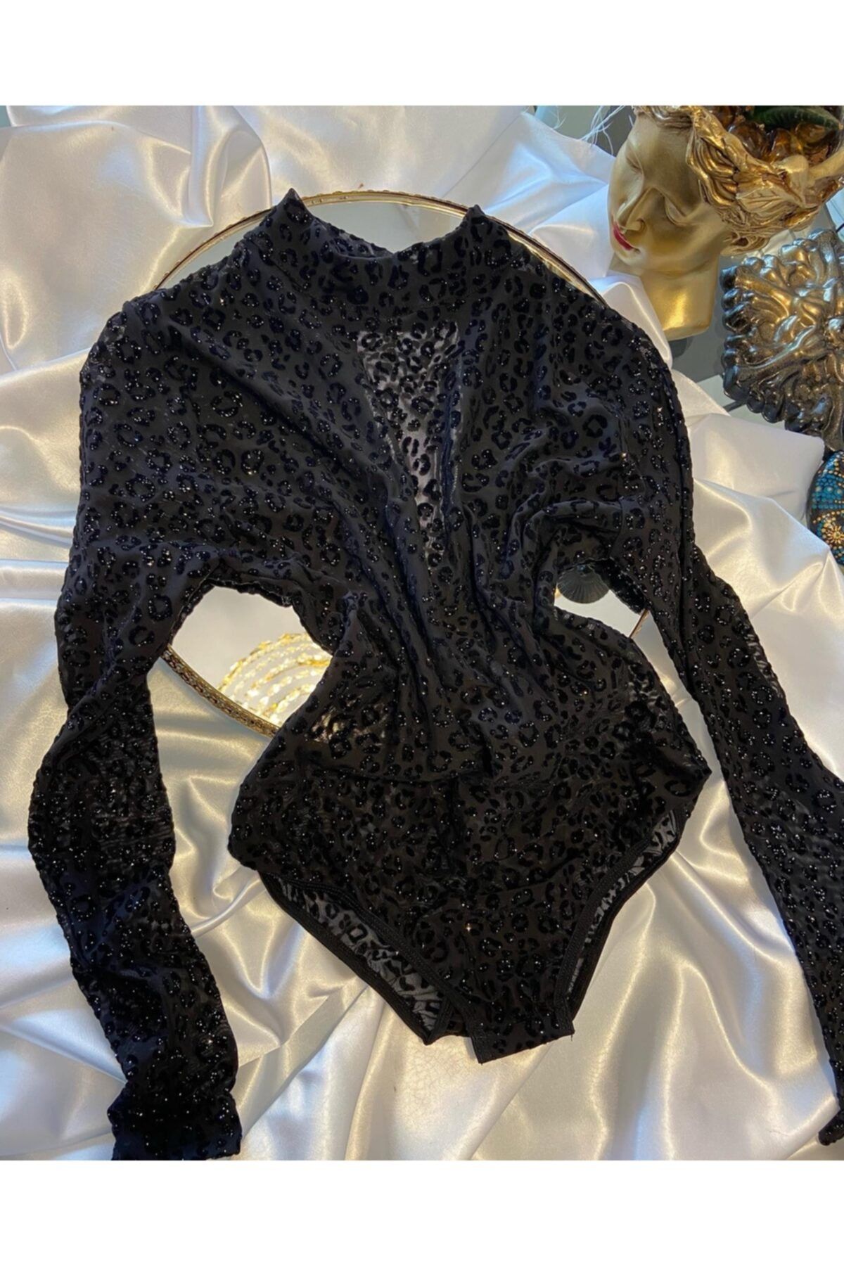 EVA APPEALİNG Parlak Transparan Simli Leopar Desen Bodysuit