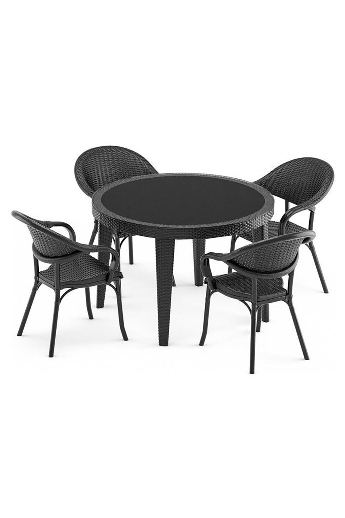 Tilia Mt08 4 Kişilik Camlı 110cm Yuvarlak Masa Takımı Bahçe Balkon Seti