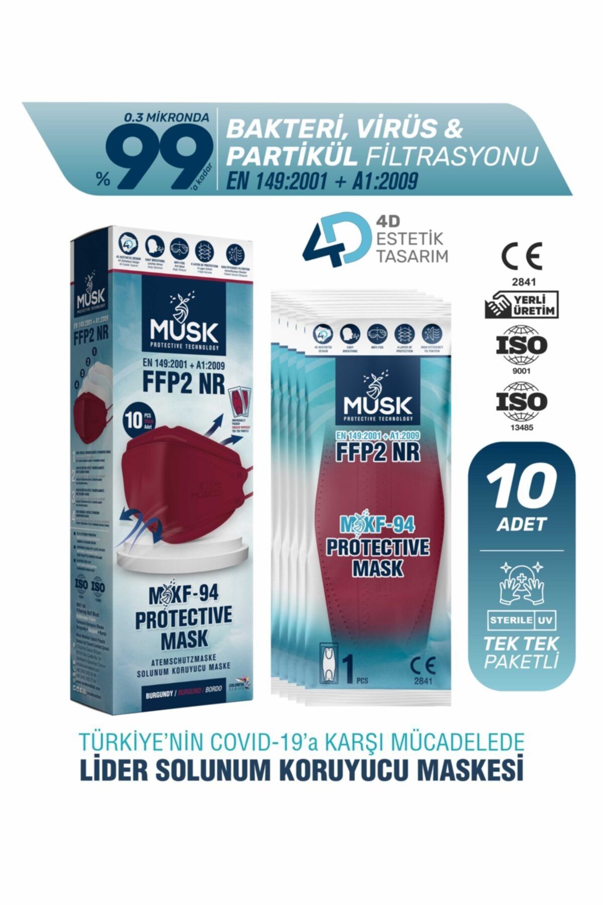 Musk Kf94 Kore Tipi Ffp2 Maske Bordo Renk 10 Adet