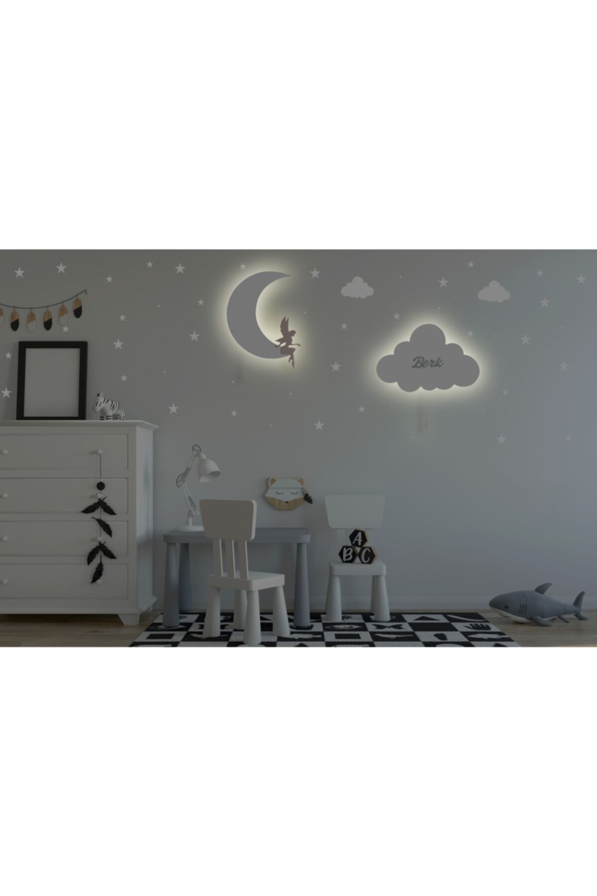 tinytigerstore 2 Li, Set Ay Melek, Kabartma Isimli Bulut,çocuk Odası Dekoratif Aydınlatma