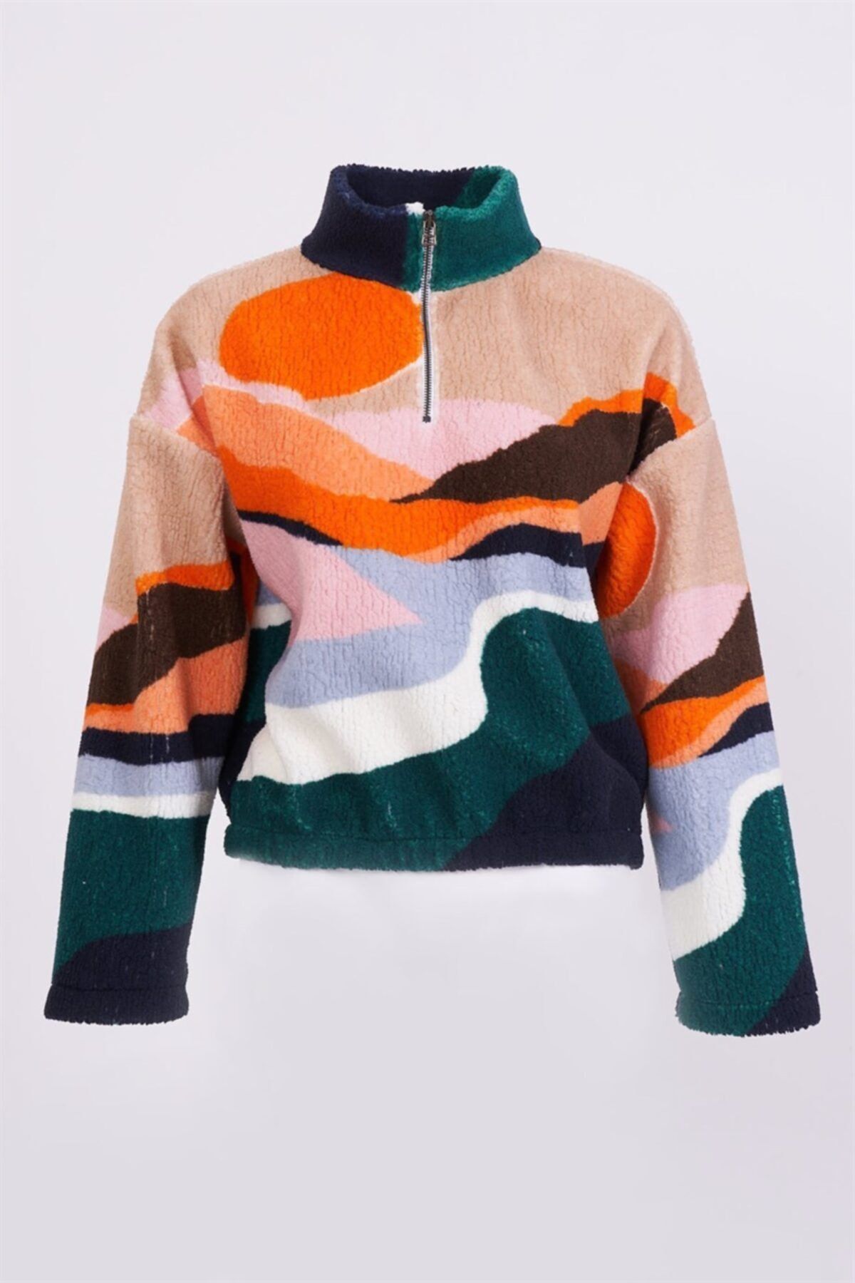 nalu Bej Kadın Polo Yaka Peluş Sweatshirt