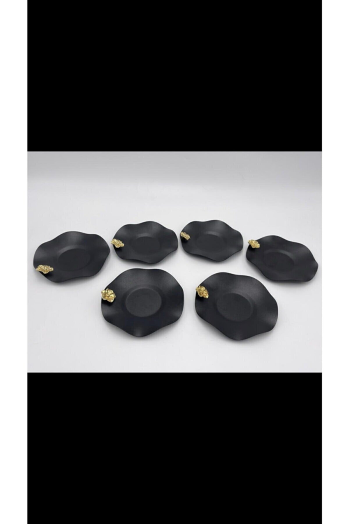 MODA TAKİP Siyah Renk Gold Gül Aksesuarlı 6'lı Çay Tabağı Dekoratif Görünüm Şık Tasarım