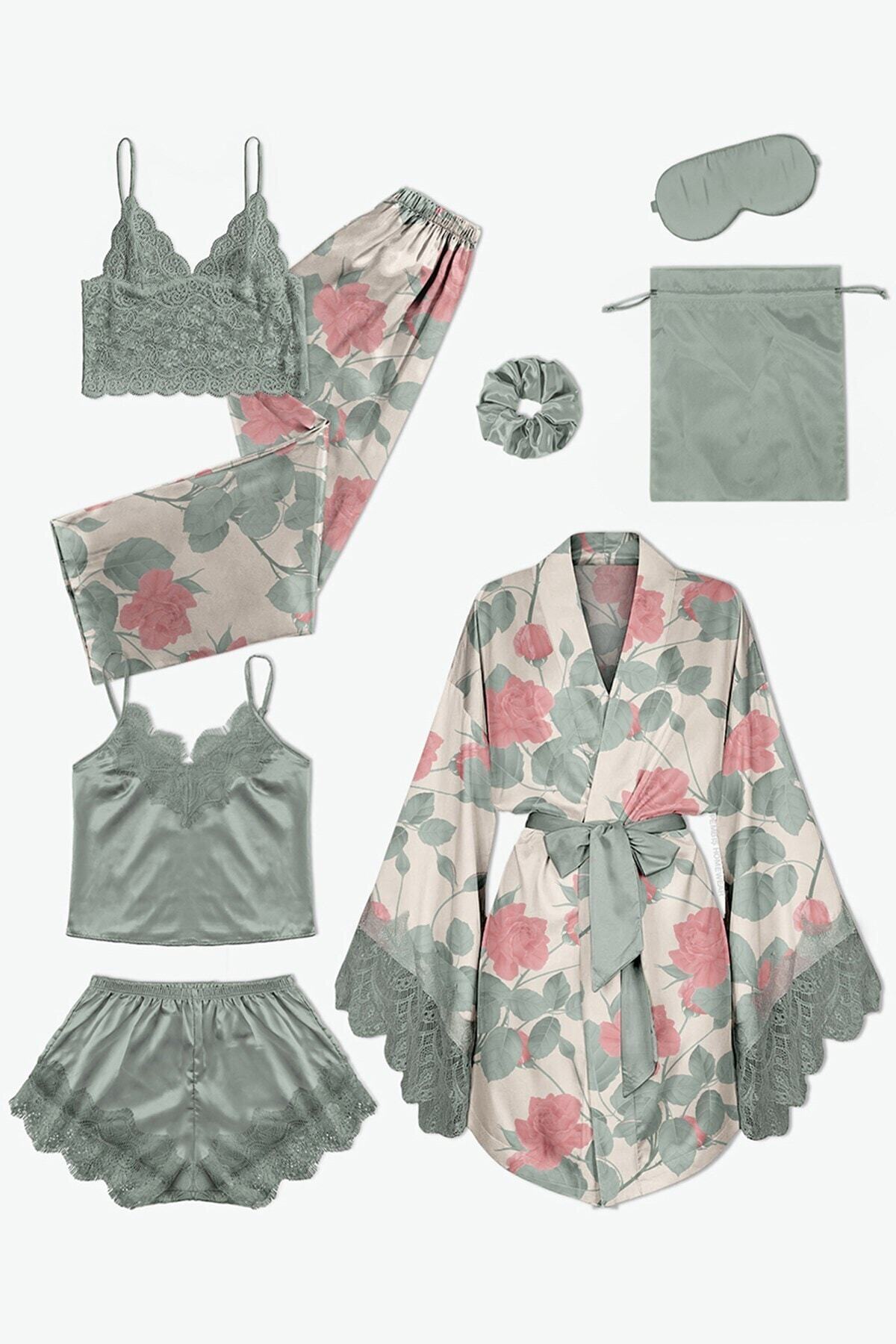 Pembishomewear Flower Unman Karma5 8 Li Saten Gecelik Takımı