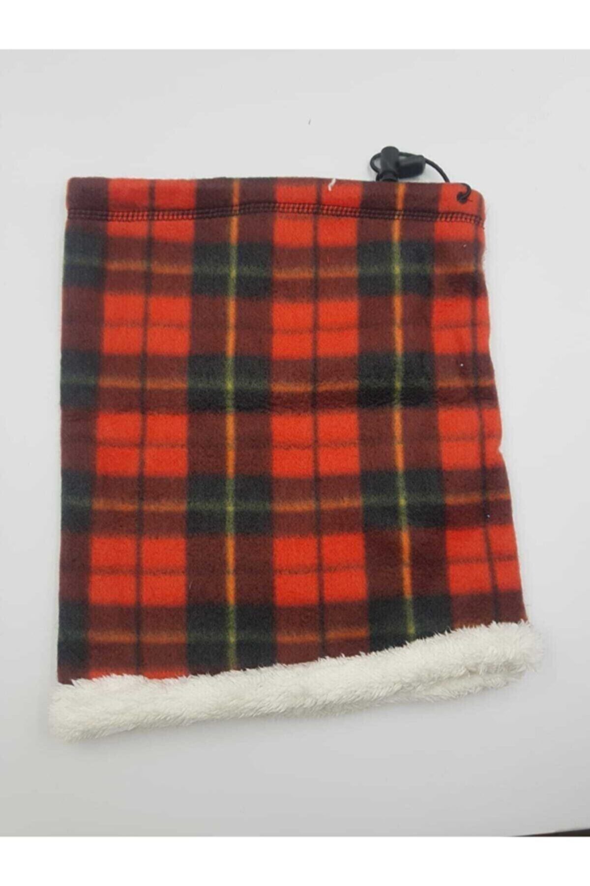 horozbutik Kadın Kırmızı Kareli Desenli Polar Eldiven-boyunluk 2li Takım