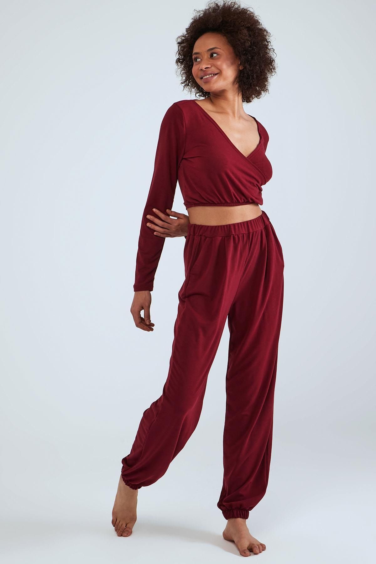 Herita Bordo Kruvaze V Yaka Pijama Takımı