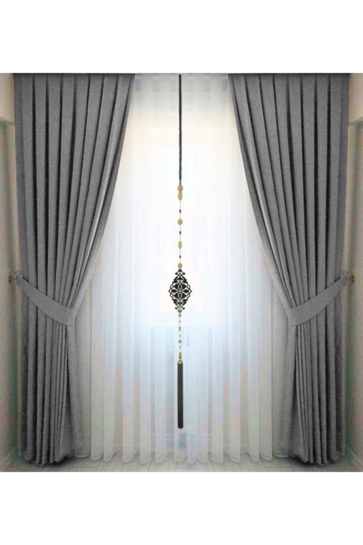 Entari butik Açık Gri Petek Kadife Pileli Fon Perde