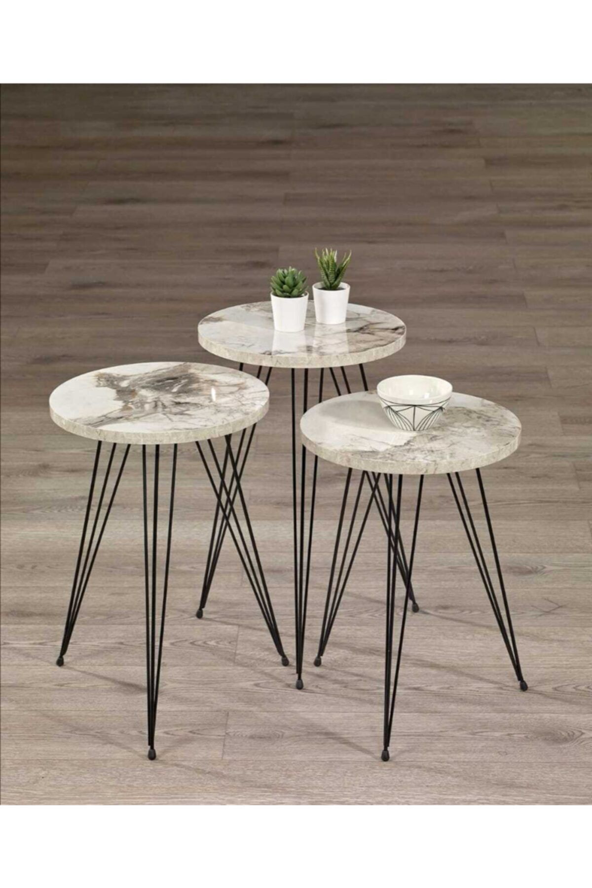 boss home concept Beyaz Mermer Desenli 3'lü Zigon Sehpa