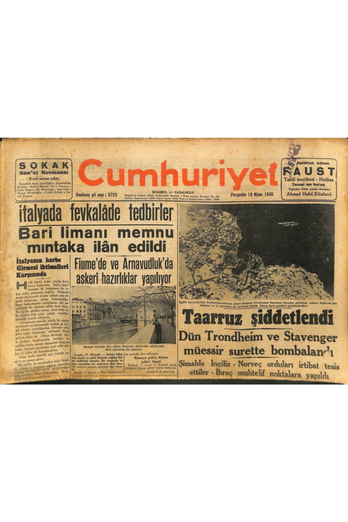 Gökçe Koleksiyon Cumhuriyet Gazetesi 18 Nisan 1940 - Fiume'de Ve Arnavudluk'da Askeri Hazırlıklar Yapılıyor
