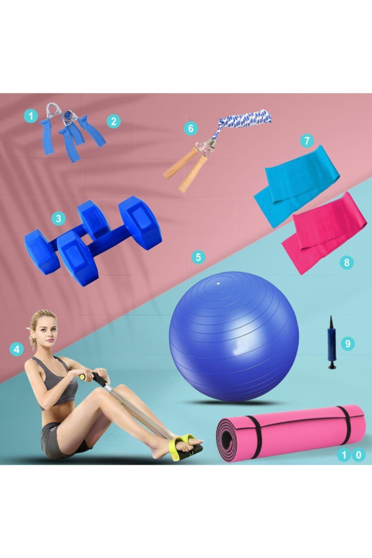 Hsport Pilates Yoga Ve Fitness Seti 10 Parça Gold Ev Paket Dambıl, Mat, Plates Topu, Direnç Lastiği, Ip, Bo
