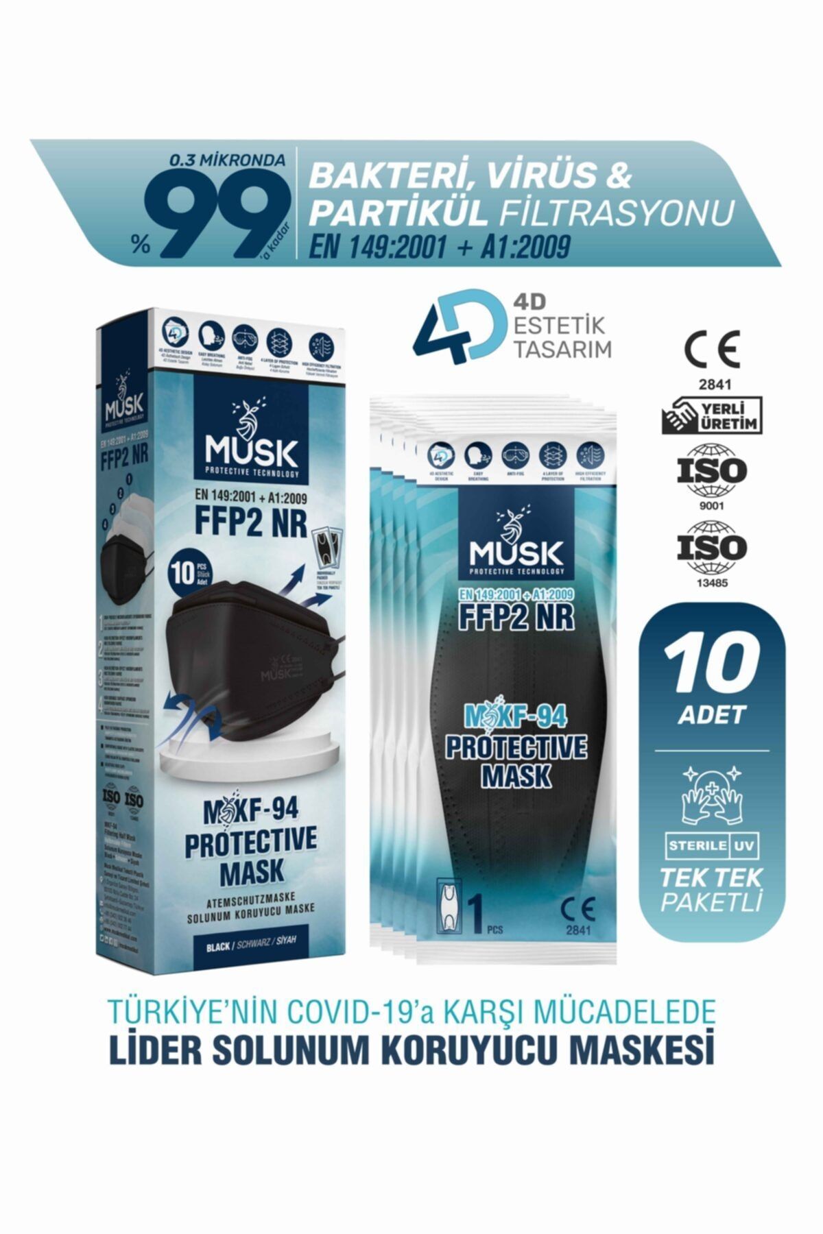 Musk Kf94 Kore Tipi N95 Maske Siyah Renk 10 Adet