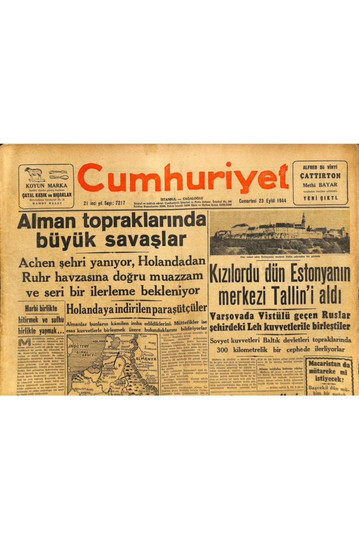 Gökçe Koleksiyon Cumhuriyet Gazetesi 23 Eylül 1944 - Kızılordu Dün Estonyanın Merkezi Tallin'i Aldı