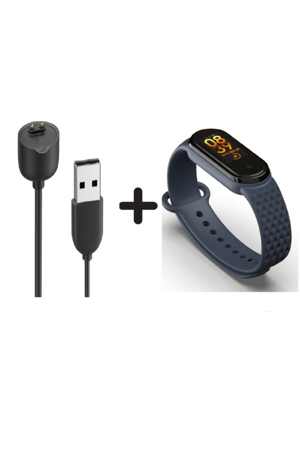 nomino Mi Band 5 / Mi Band 6 Uyumlu Silikon Kordon(kabartma Desenli) + Şarj Aleti Yeni Lacivert