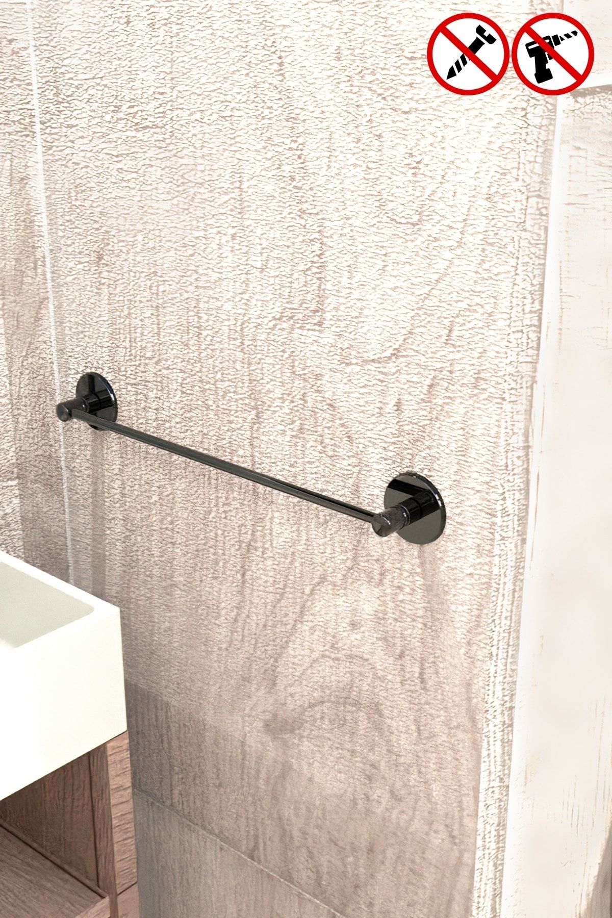 LarinHome Yapışkanlı Siyah Ekonomik Uzun Havluluk, Banyo Havlu Askısı, Delmeye Son