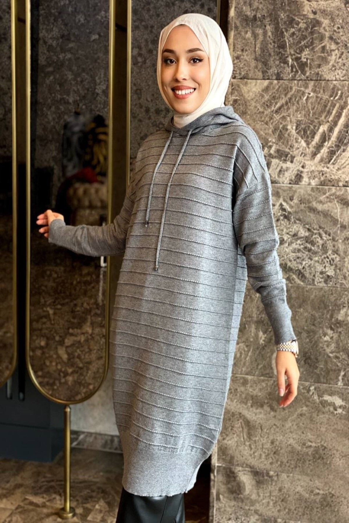 FTZ WOMEN Ftz Kapüşonlu Uzun Tunik Gri