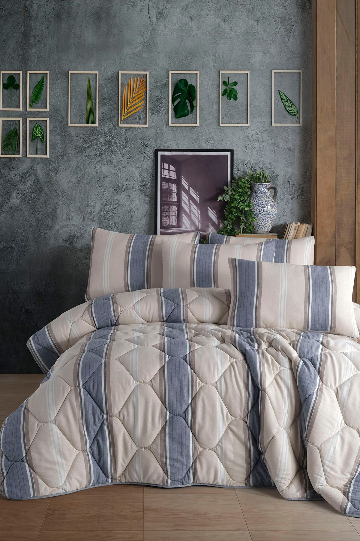 SO HOME Çift Kişilik Uyku Seti Ipliği Boyalı Stripes Blue