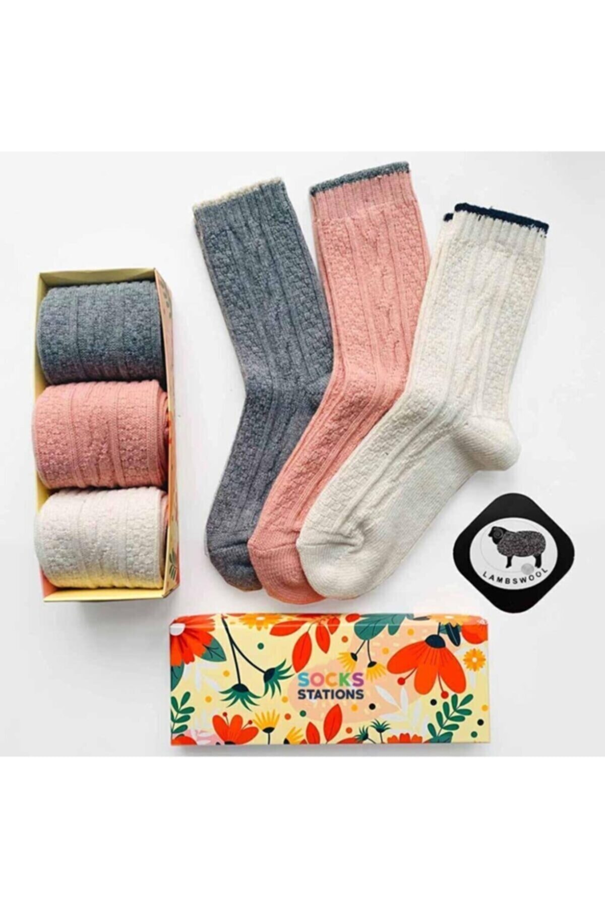 Socks Stations Kışlık Yün Çorap 3'lü Yün Çorap Kutusu Socks Station Çorap