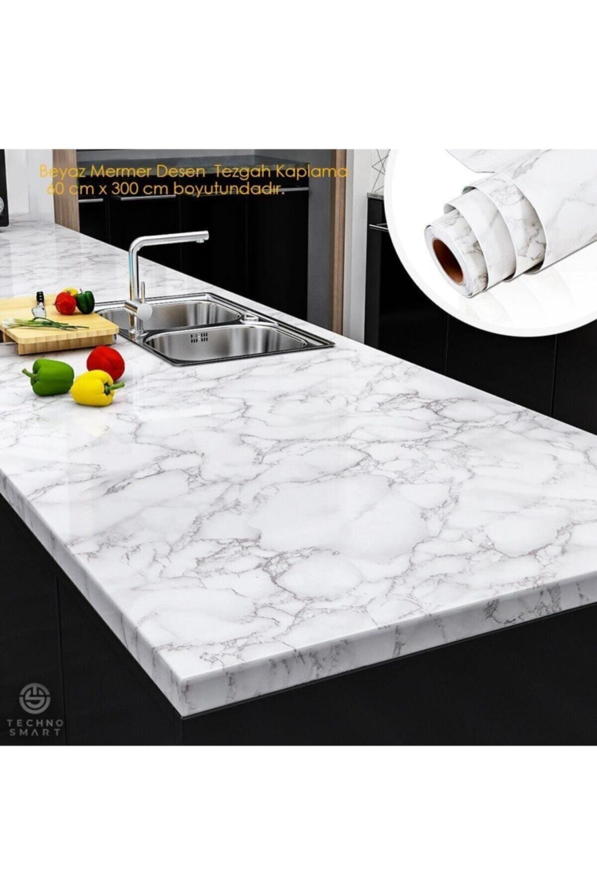 TechnoSmart Mutfak Tezgah Üstü Folyo Kaplama Mermer Desenli Beyaz Banyo Dolap Kaplama 60cmx300cm