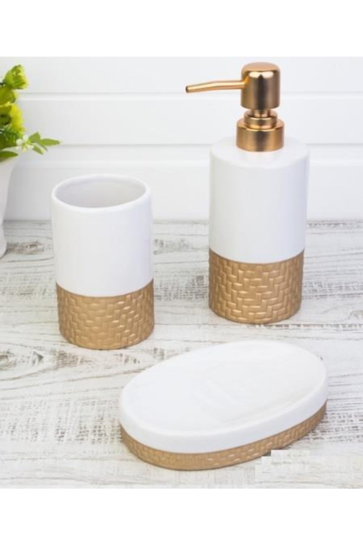 ACAR Beyaz Gold Renk Özel Tasarım 3 Lü Banyo Seti
