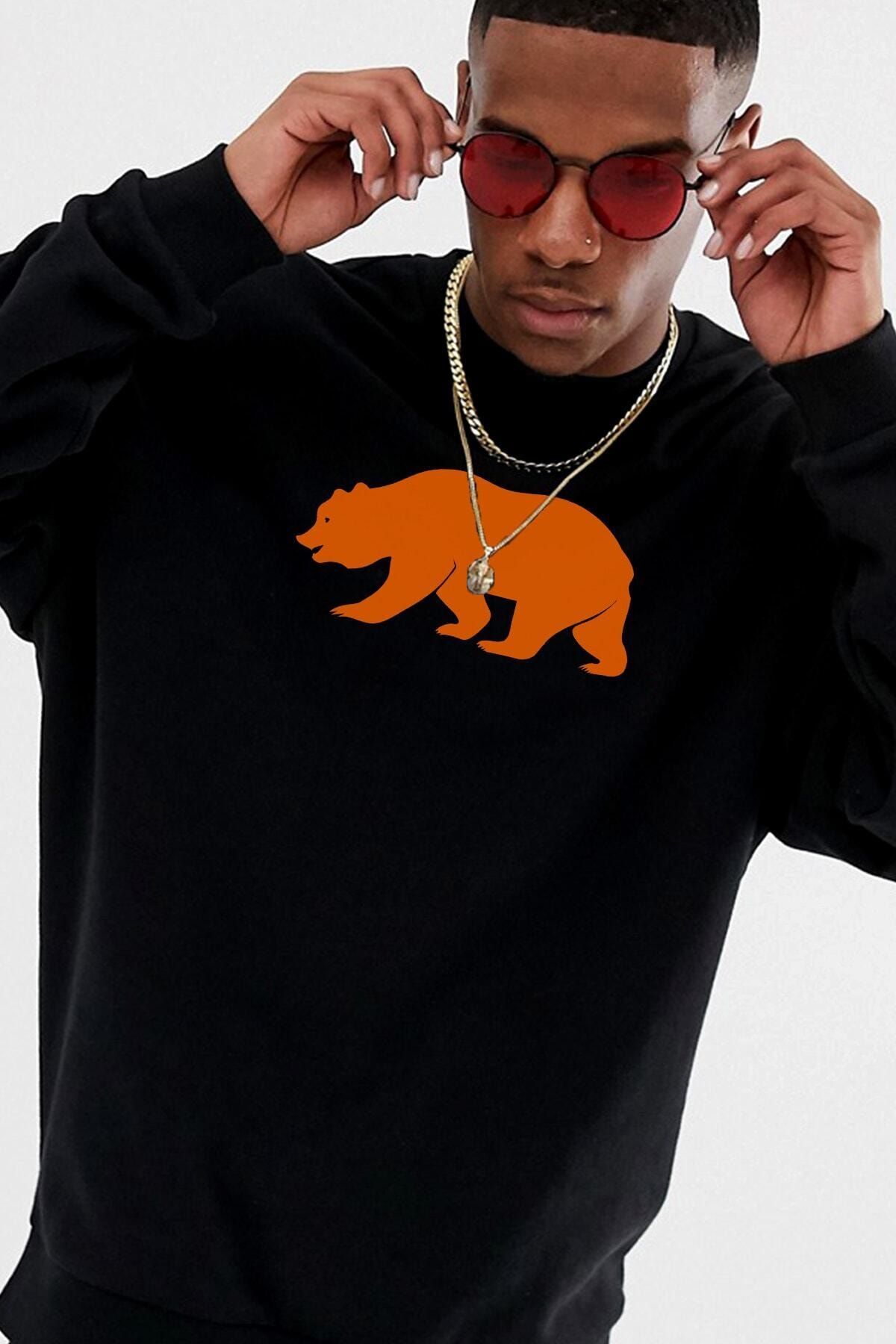 Pasage Oversize Orange Bear Baskılı Siyah Sweatshirt