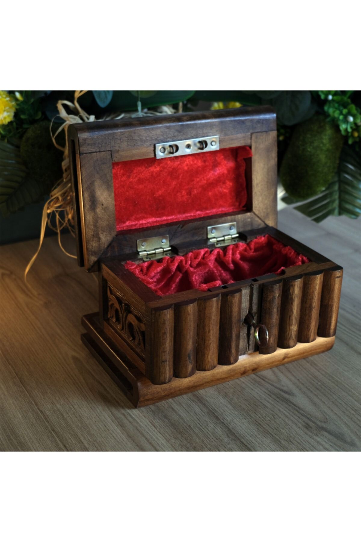 Land Of Wood Gizli Anahtarlı El Yapımı Dekoratif Ahşap Takı Mücevher Kutusu Koyu Kahve 19 cm
