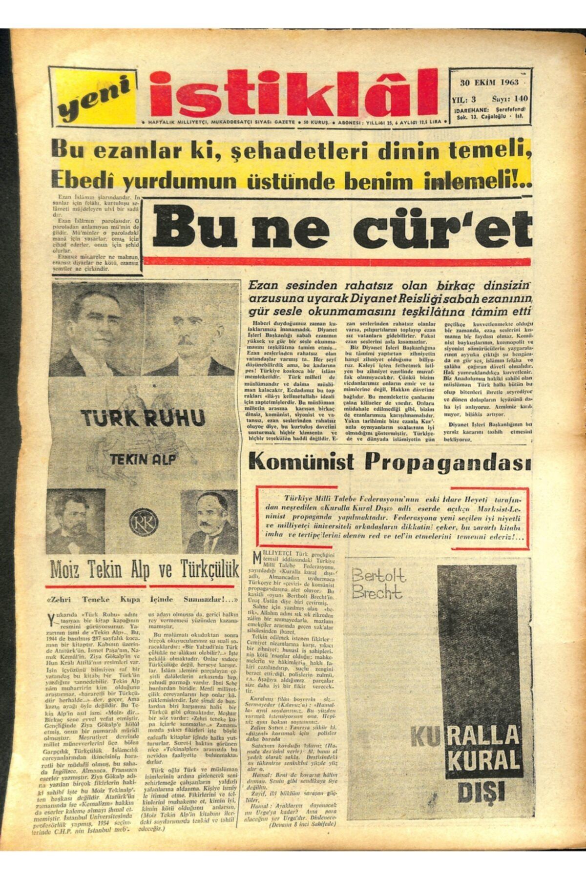 Gökçe Koleksiyon Yeni Istiklal Gazetesi 30 Ekim 1963 - Moiz Tekin Alp Ve Türkçülük