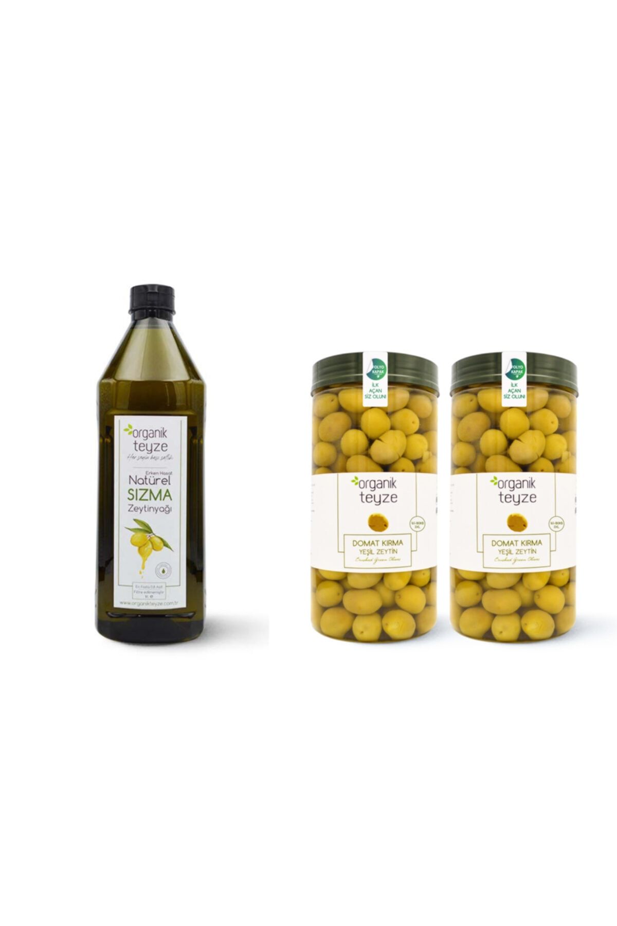 Organik Teyze Domat Kırma Yeşil Zeytin (2 Adet X 1 Kg.) Ve Erken Hasat Natürel Sızma Zeytinyağı 1 L.