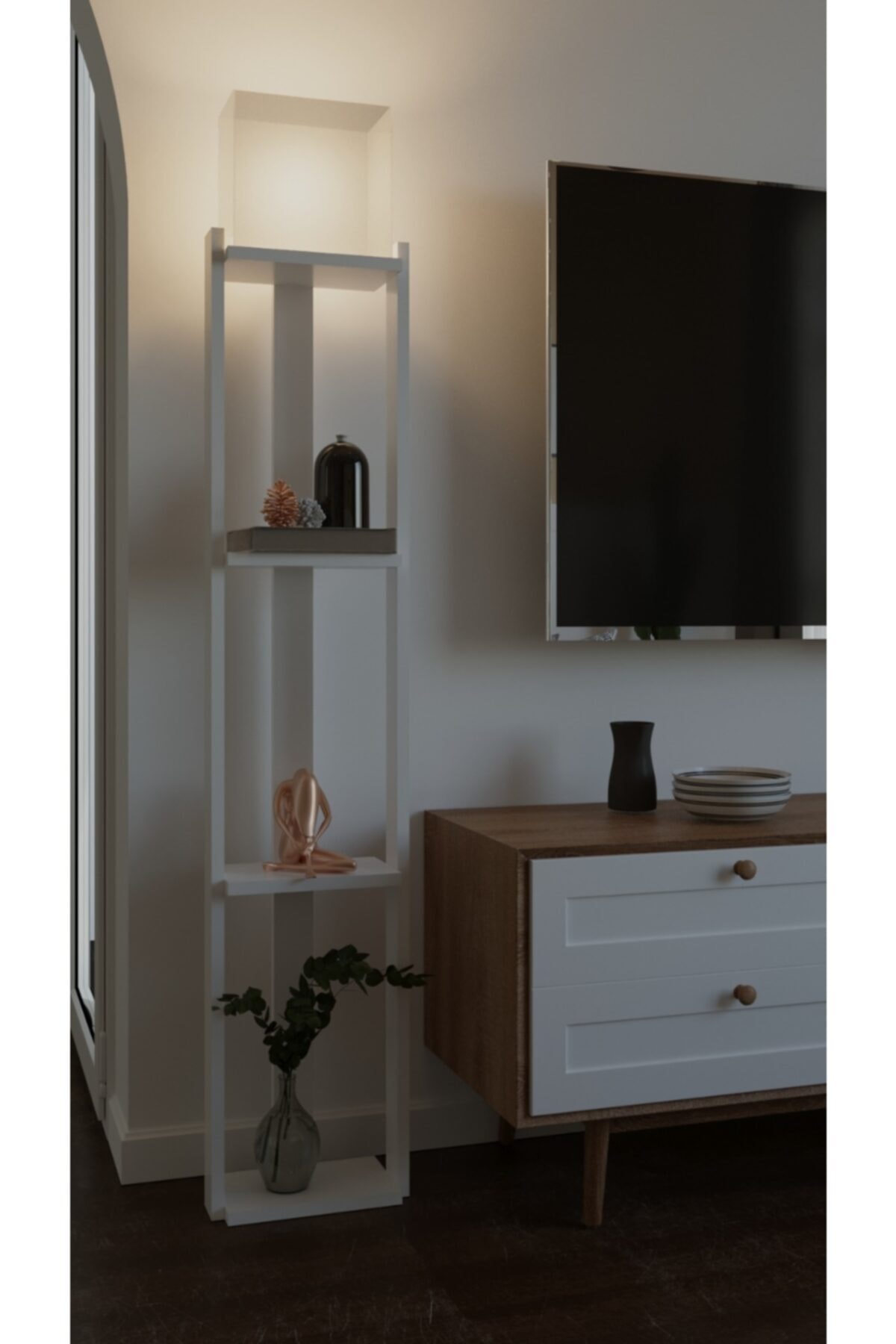 Pinkblue Light Modern Doğal Ahsap Lambader Beyaz