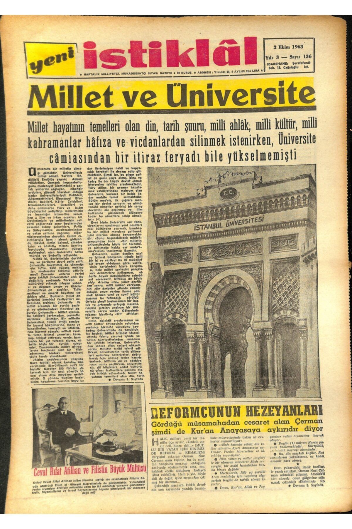 Gökçe Koleksiyon Yeni Istiklal Gazetesi 2 Ekim 1963 - Cevat Rıfat Atilhan Ve Filistin Büyük Müftüsü