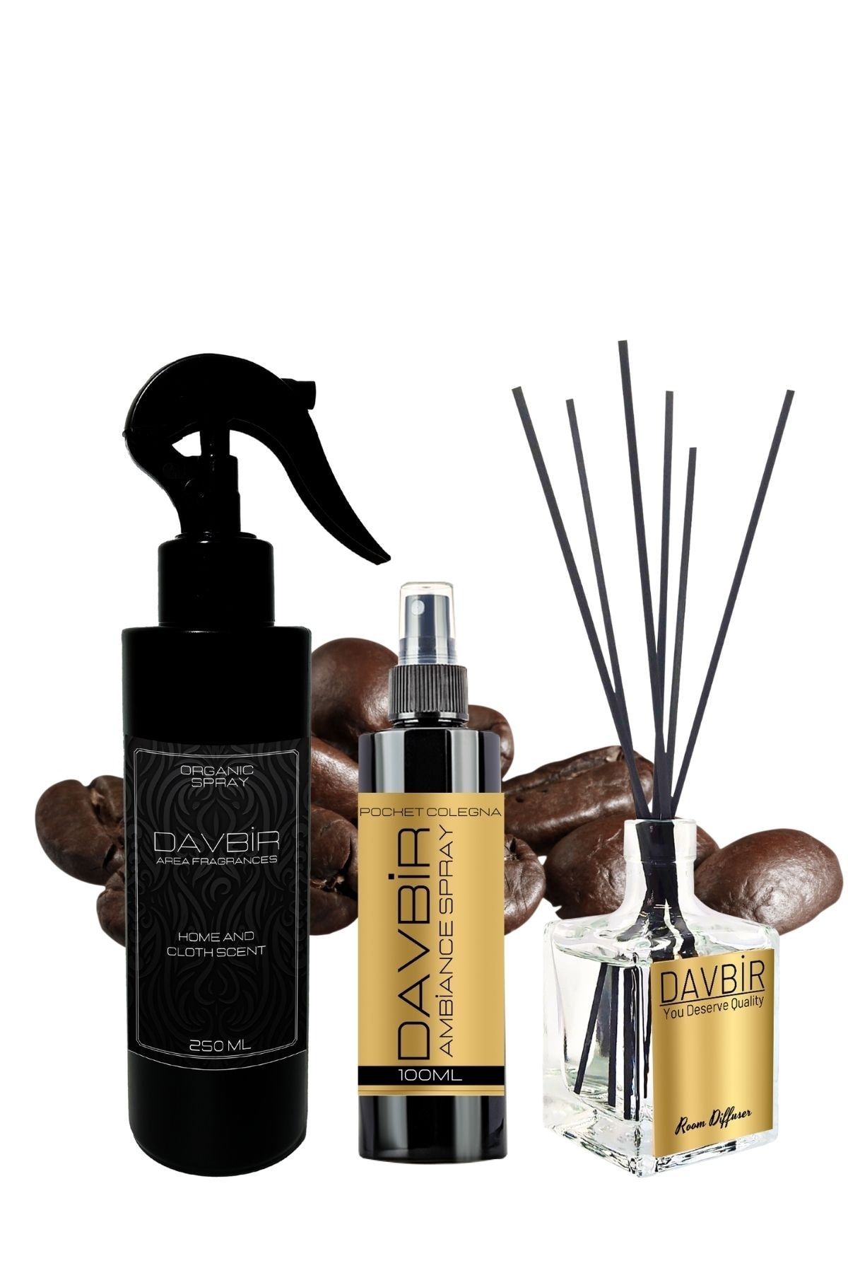Davbir Kahve Oda Parfümü 3’lü Set 250ml Oda Ve Kumaş Spreyi, 50 Ml Bambu Oda Kokusu, 100 Ml Kolonya