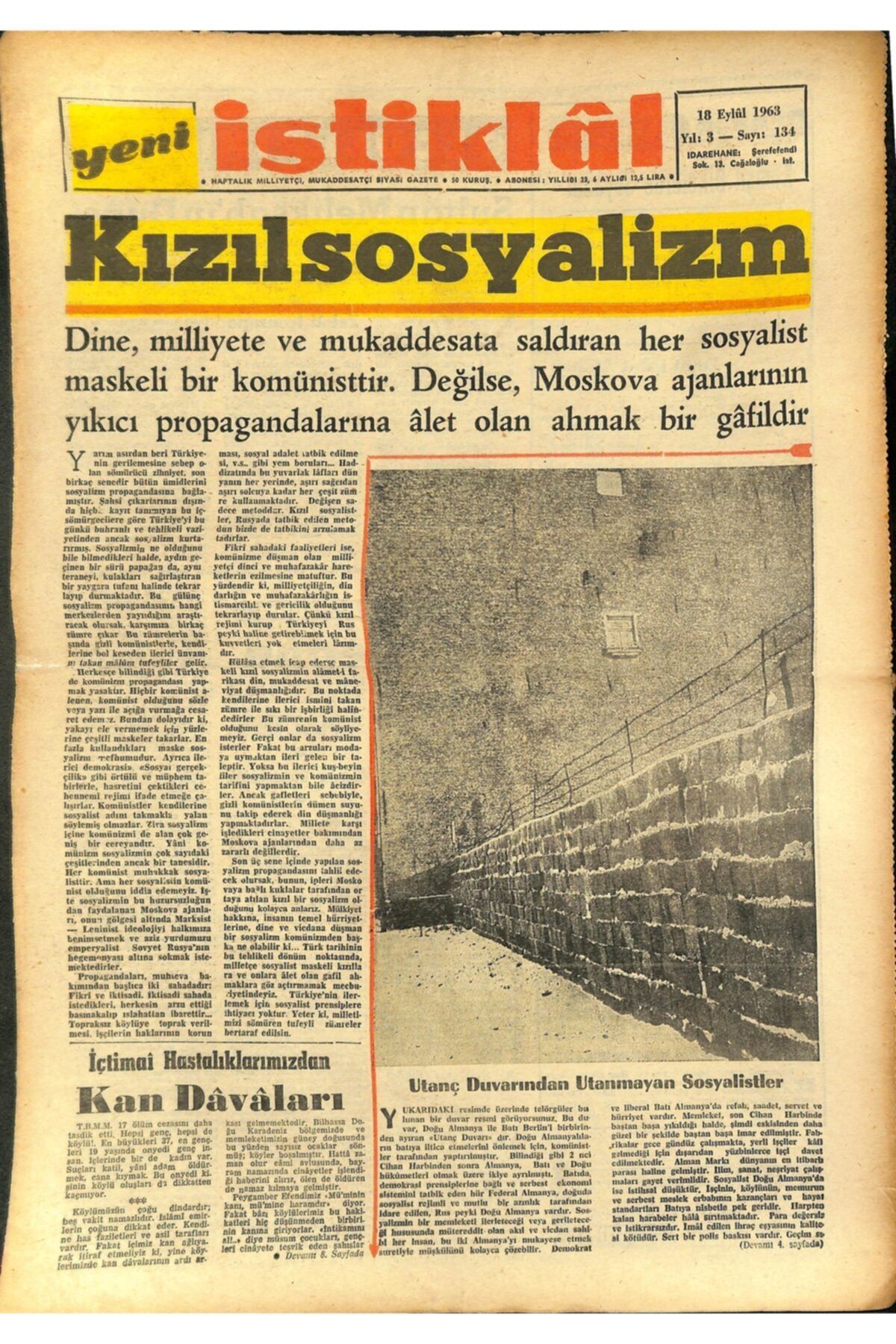 Gökçe Koleksiyon Yeni İstiklal Gazetesi 18 Eylül 1963 Almanya'da Çalışan Türk İşçilerinin Dini İhtiyaçları