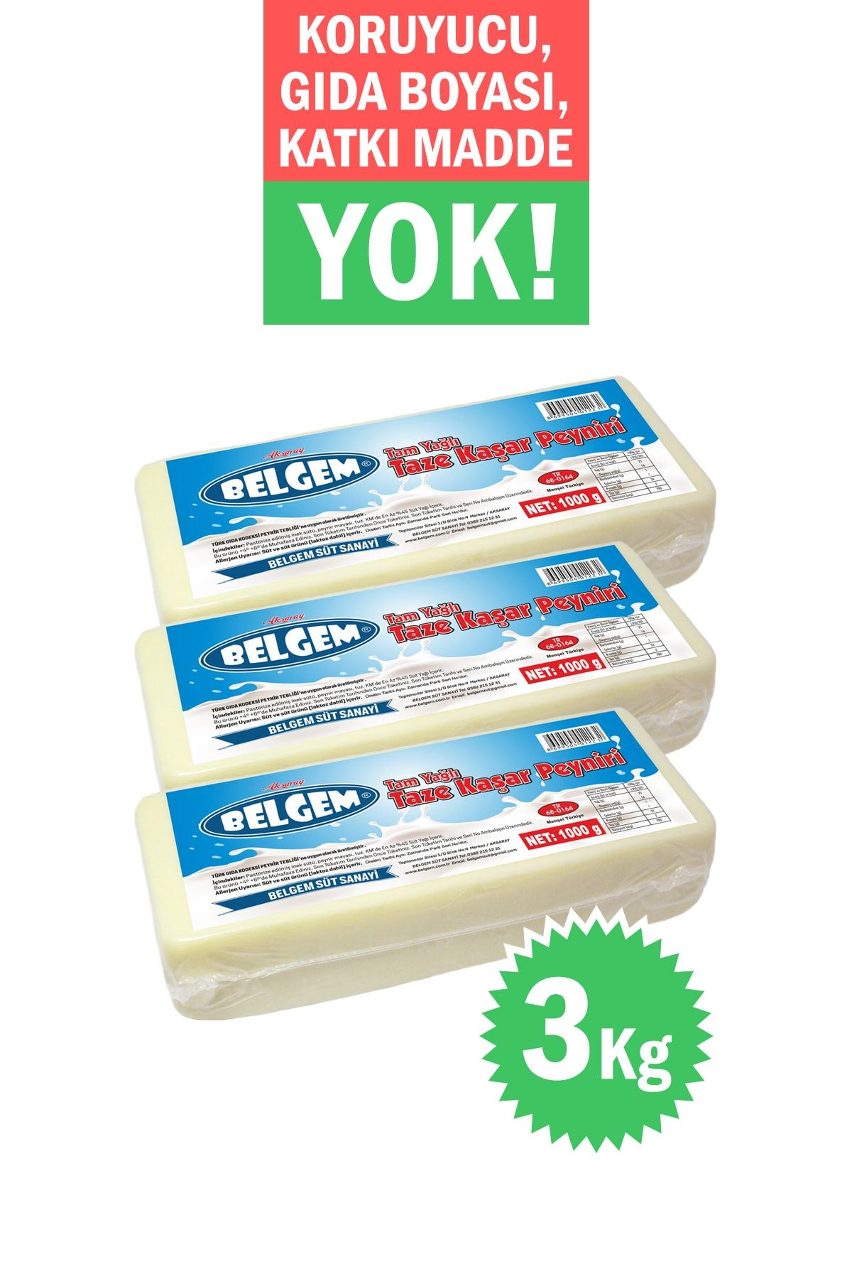 BELGEM Taze Kaşar Peynir Katkısız Koruyucusuz %100 Doğal 3x1kg