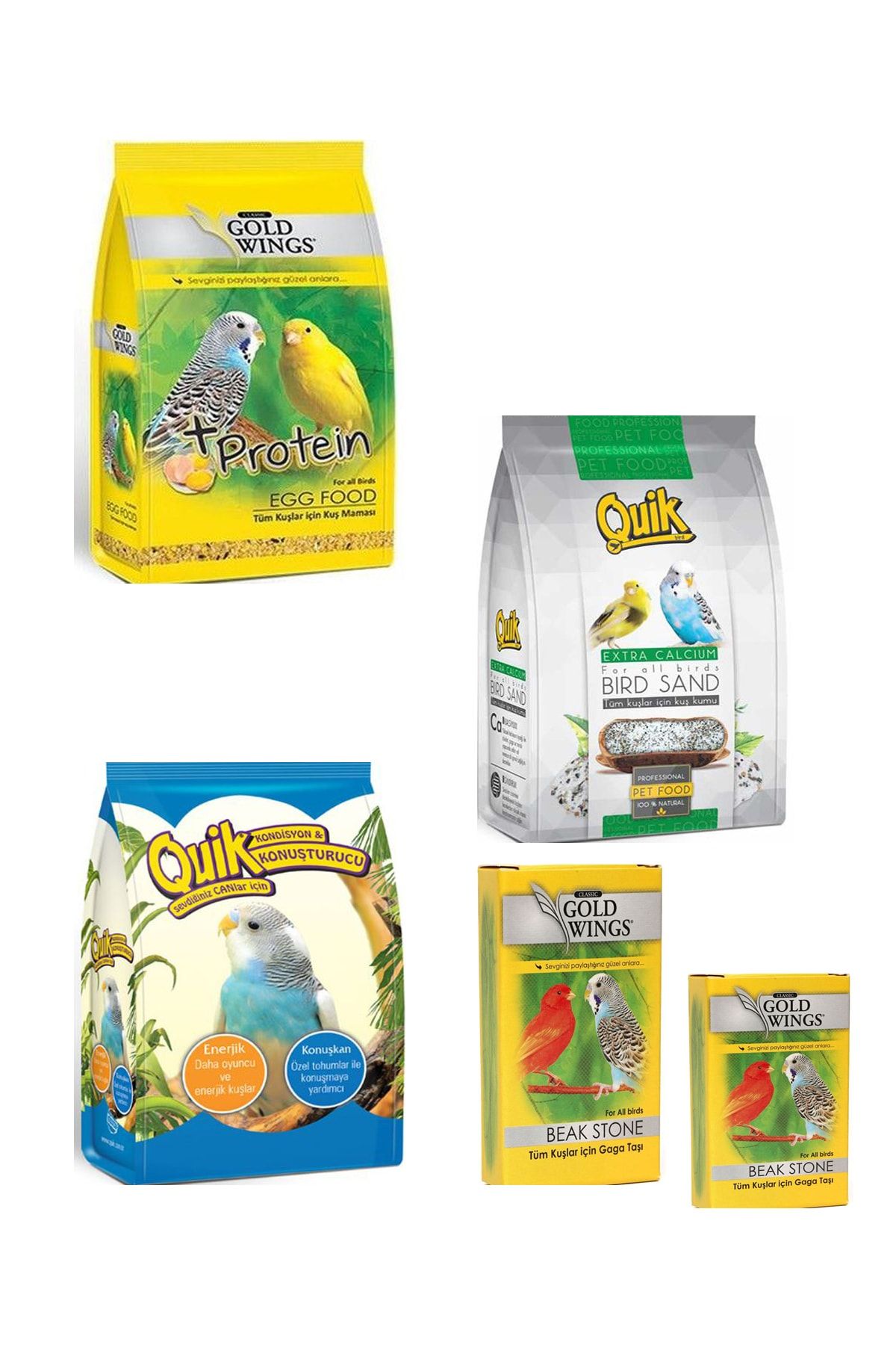 Gold Wings Kuş Konuşturucu + Kuş Kumu + Kuş Protein Yumurtalı + Gaga Taşı Set
