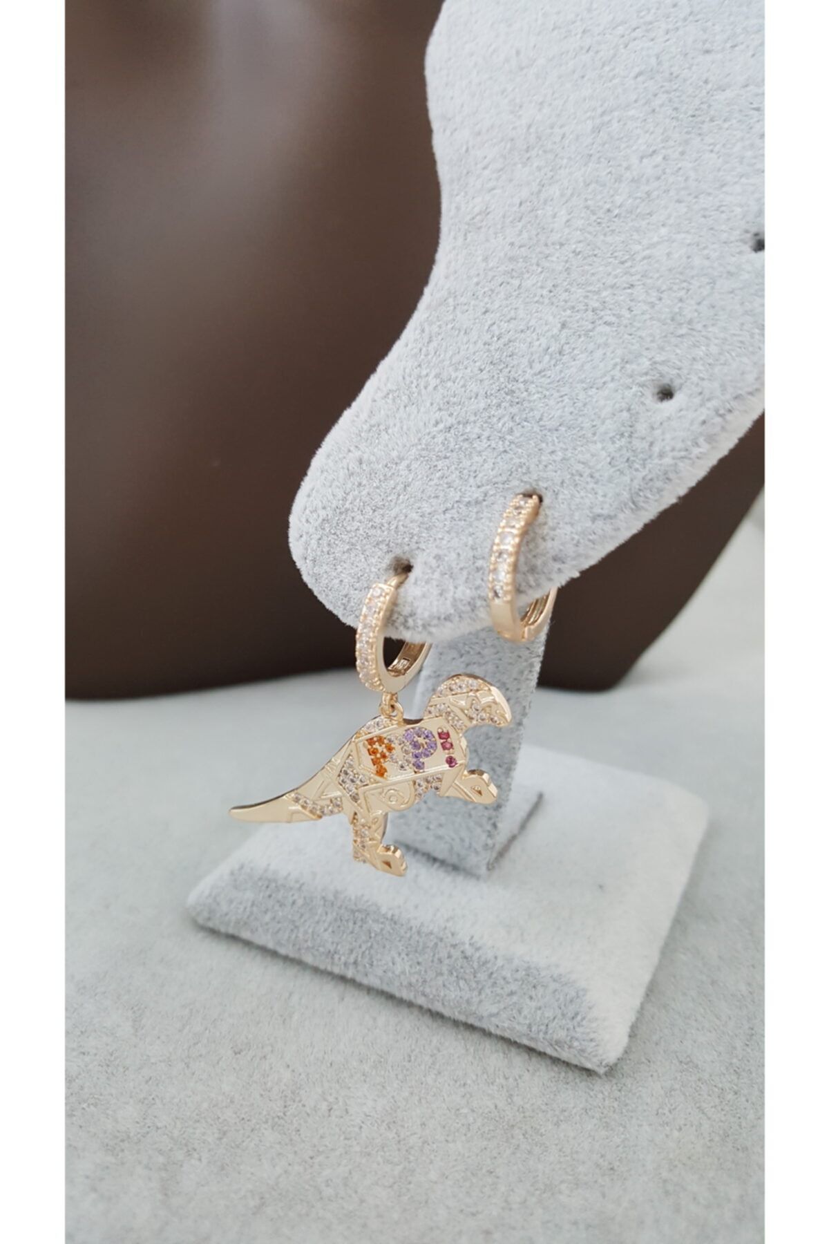 Lenaca Çelik Üzeri Zirkon Taş Işlemeli T-rex Dinozor Küpe