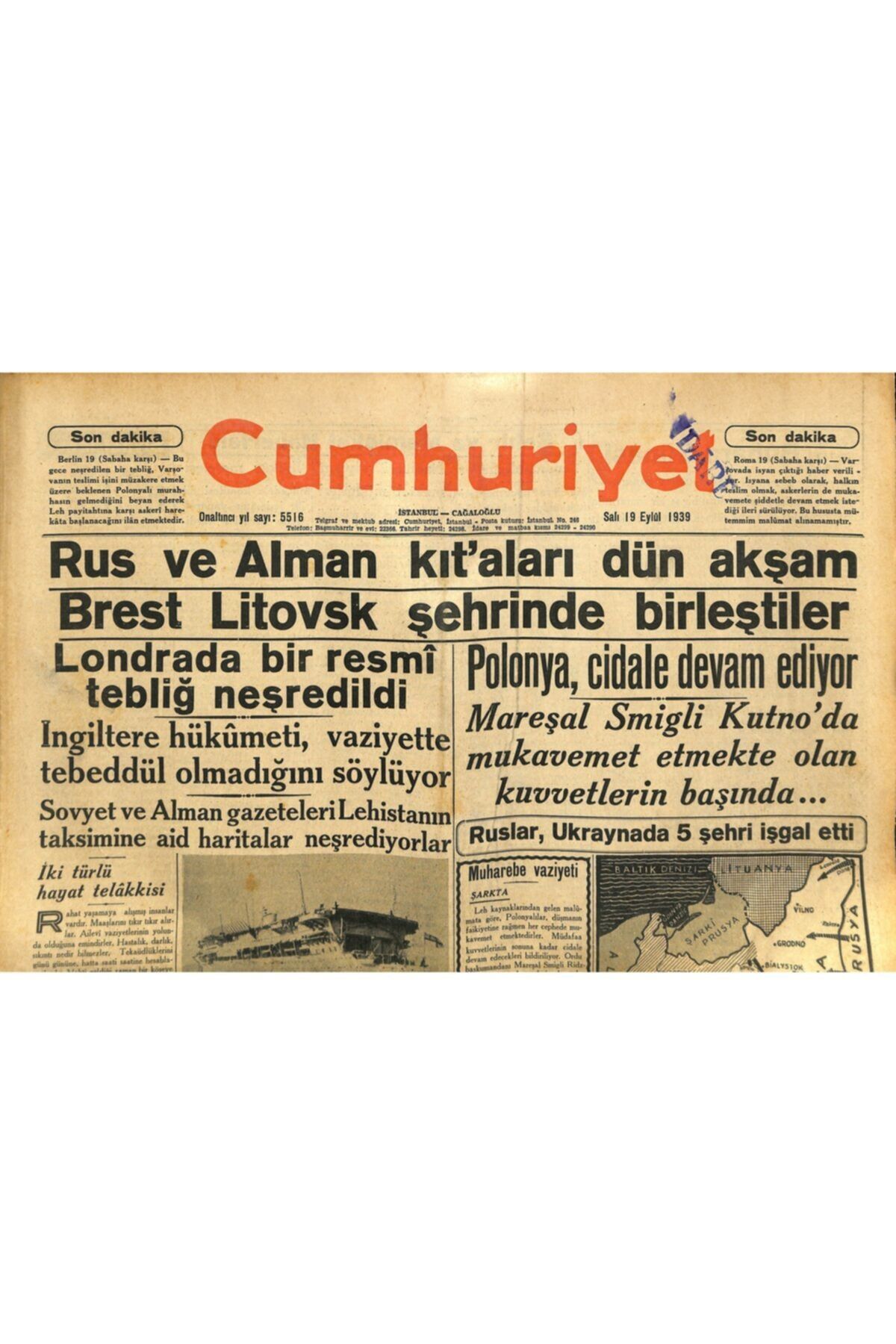Gökçe Koleksiyon Cumhuriyet Gazetesi 19 Eylül 1939 Rus Ve Alman Kıt'aları Dün Akşam Brest Litovsk Şehrinde Birleştile