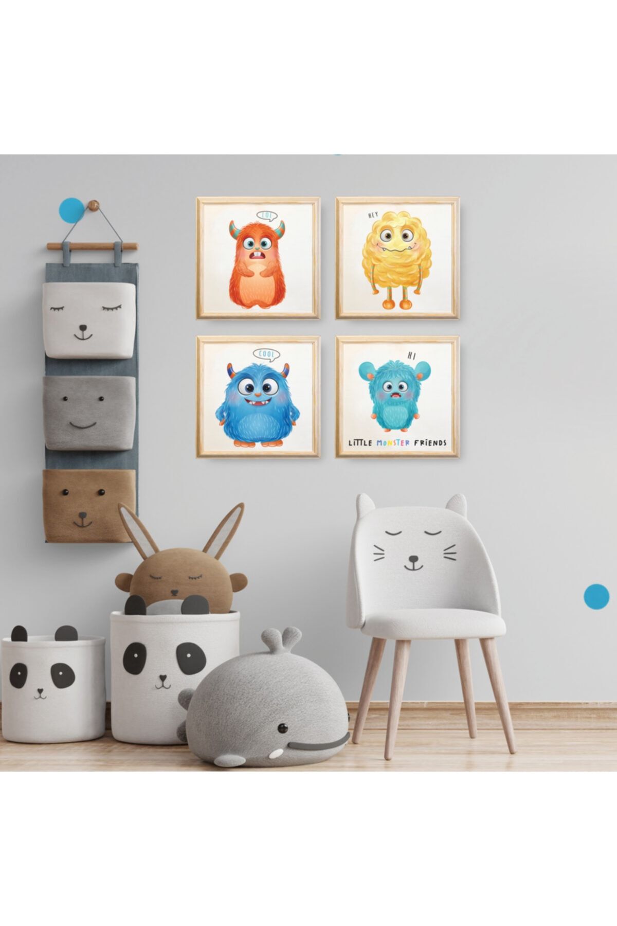 CUCU PUZZLE Bebek Çocuk Odası Duvar Tablosu, Monsters Sevimli Canavarlar Doğal Ahşap Çerçeve 30 X 30 Cm 4 Lü Set