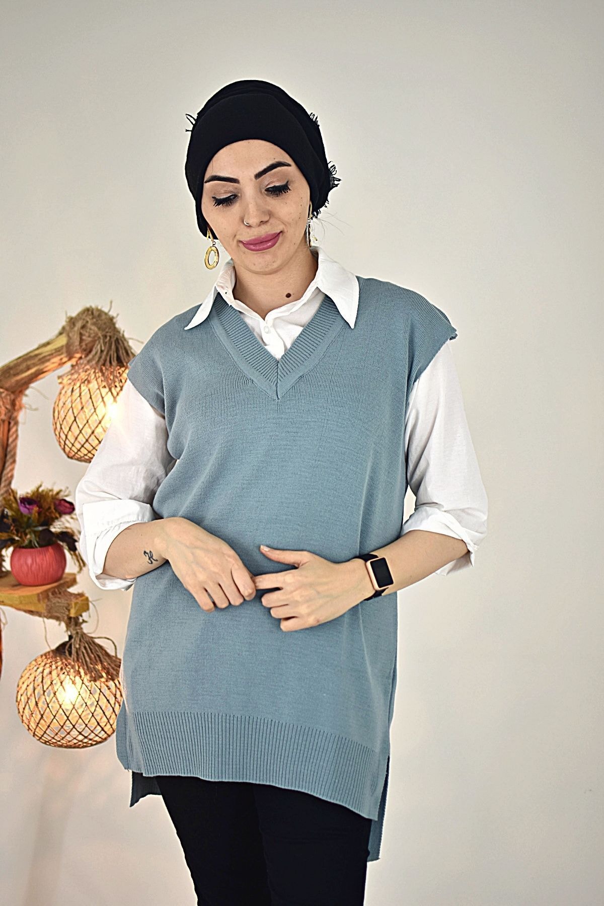 ista moda Acık Mavi V Yaka Uzun Triko Süveter