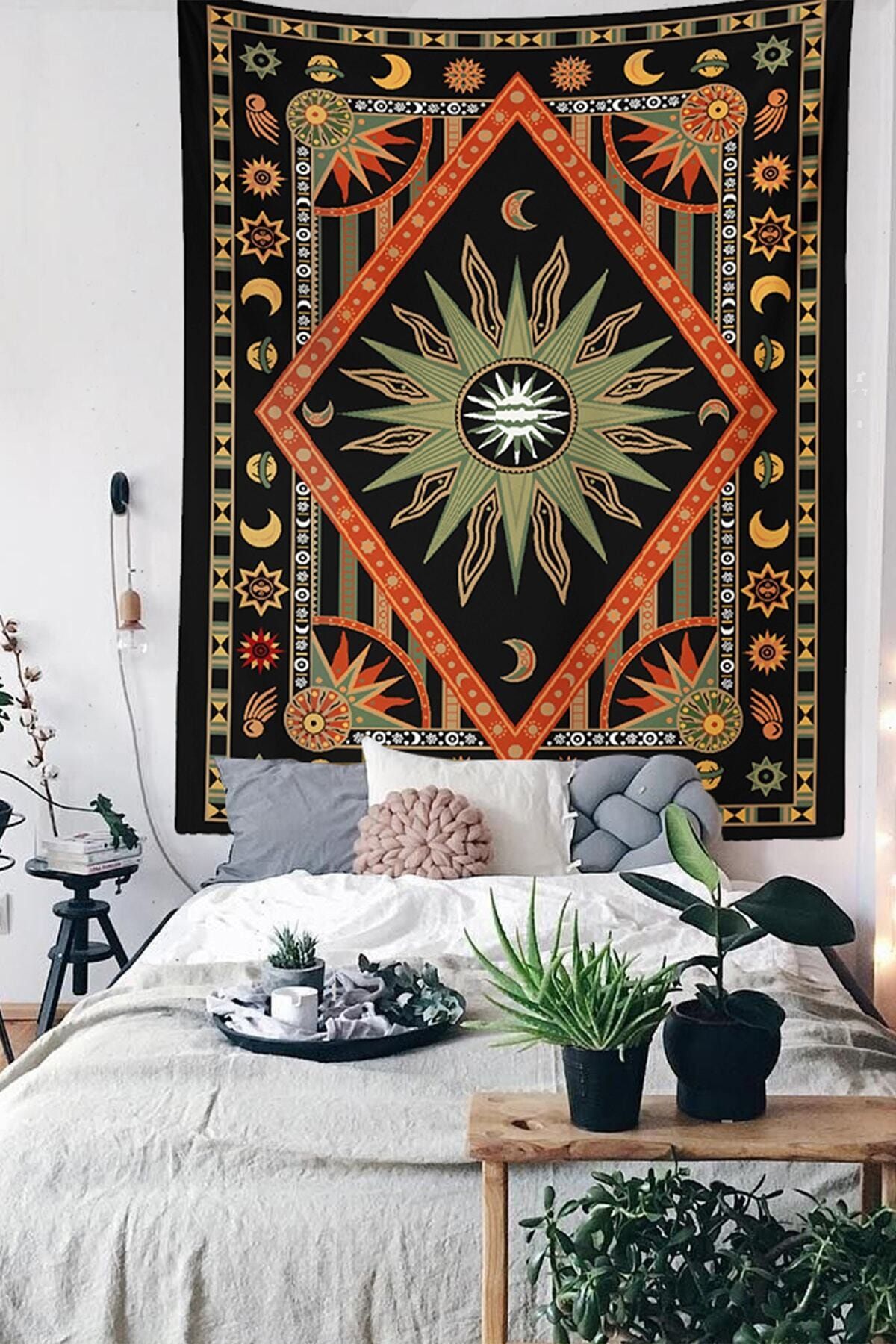 Kozmik Tapestry Siyah Renkli Bohem Mandala Duvar Örtüsü