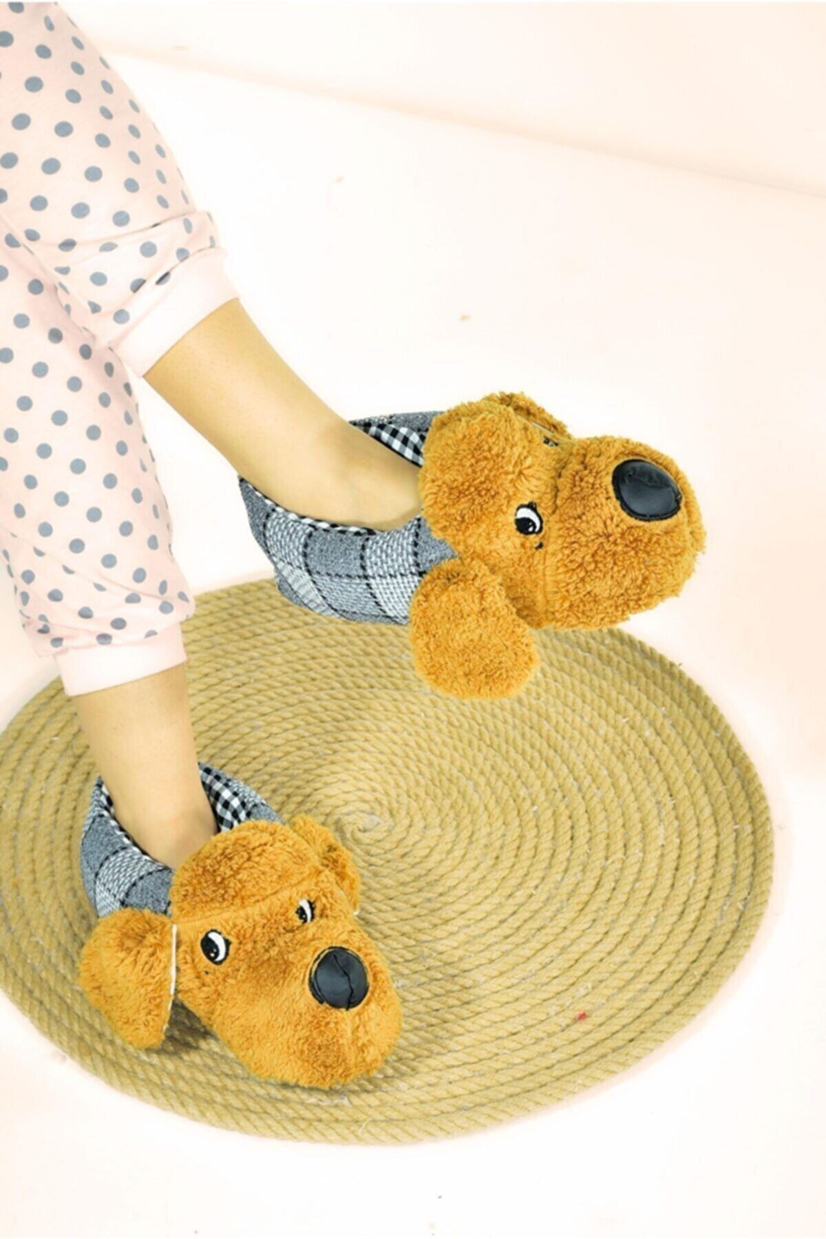 Pimody Unisex Koyu Bej Hayvanlı Peluş Panduf