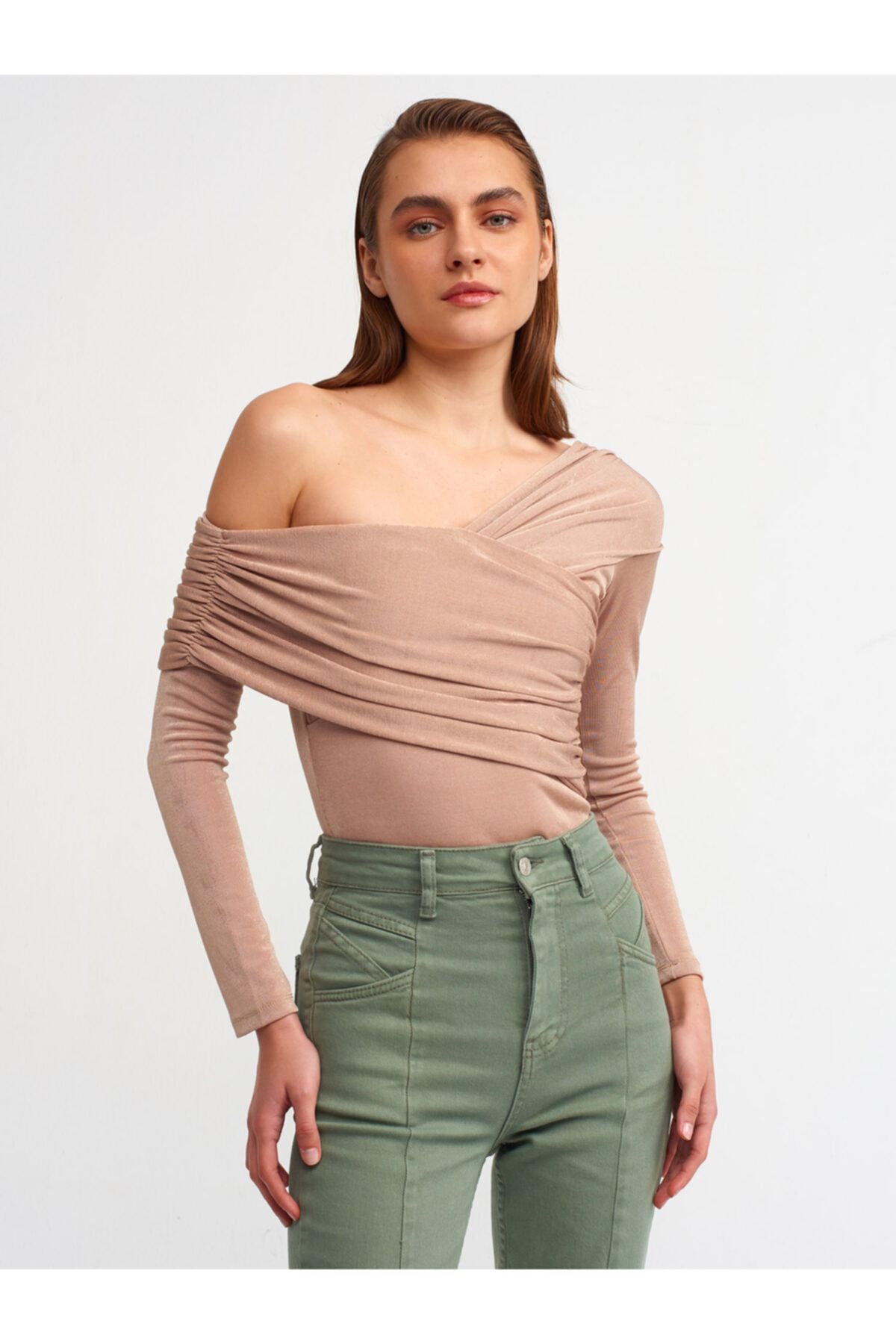 Dilvin 20102 Büzgülü Bodysuit-camel
