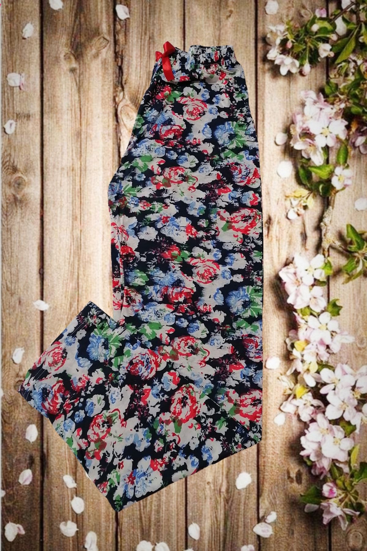 Usds Butik Mavi Kırmızı Çiçekli Bayan Penye Pijama Altı
